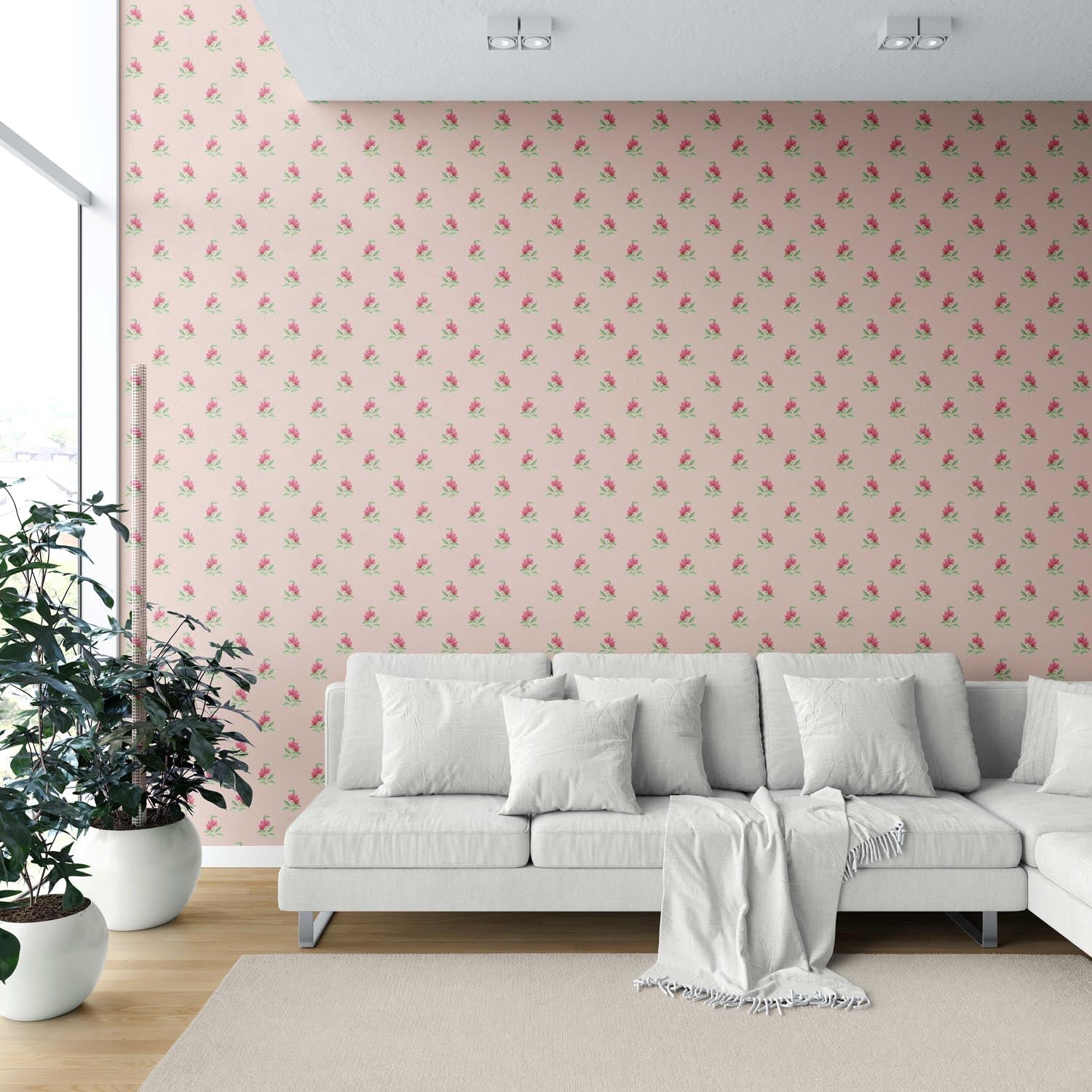 Vintage-Inspired Floral Block Print Shower Toilet Wallpaper (Pink/ Green)