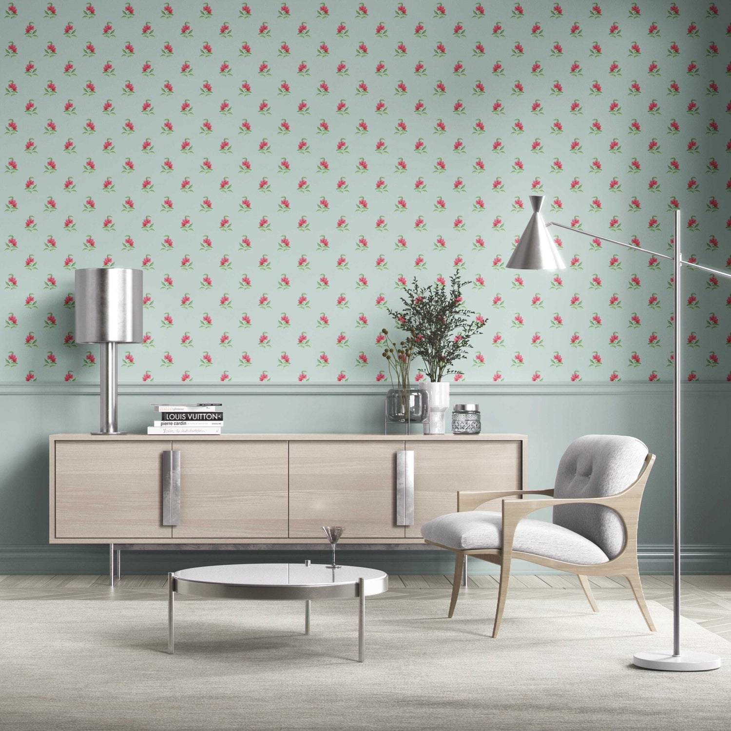 Vintage-Inspired Floral Block Print Bathroom Wallpaper (Blue/ Pink/ Green)