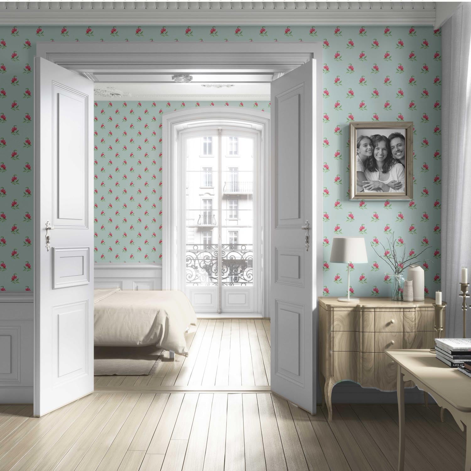 Vintage-Inspired Floral Block Print Living Room Wallpaper (Blue/ Pink/ Green)