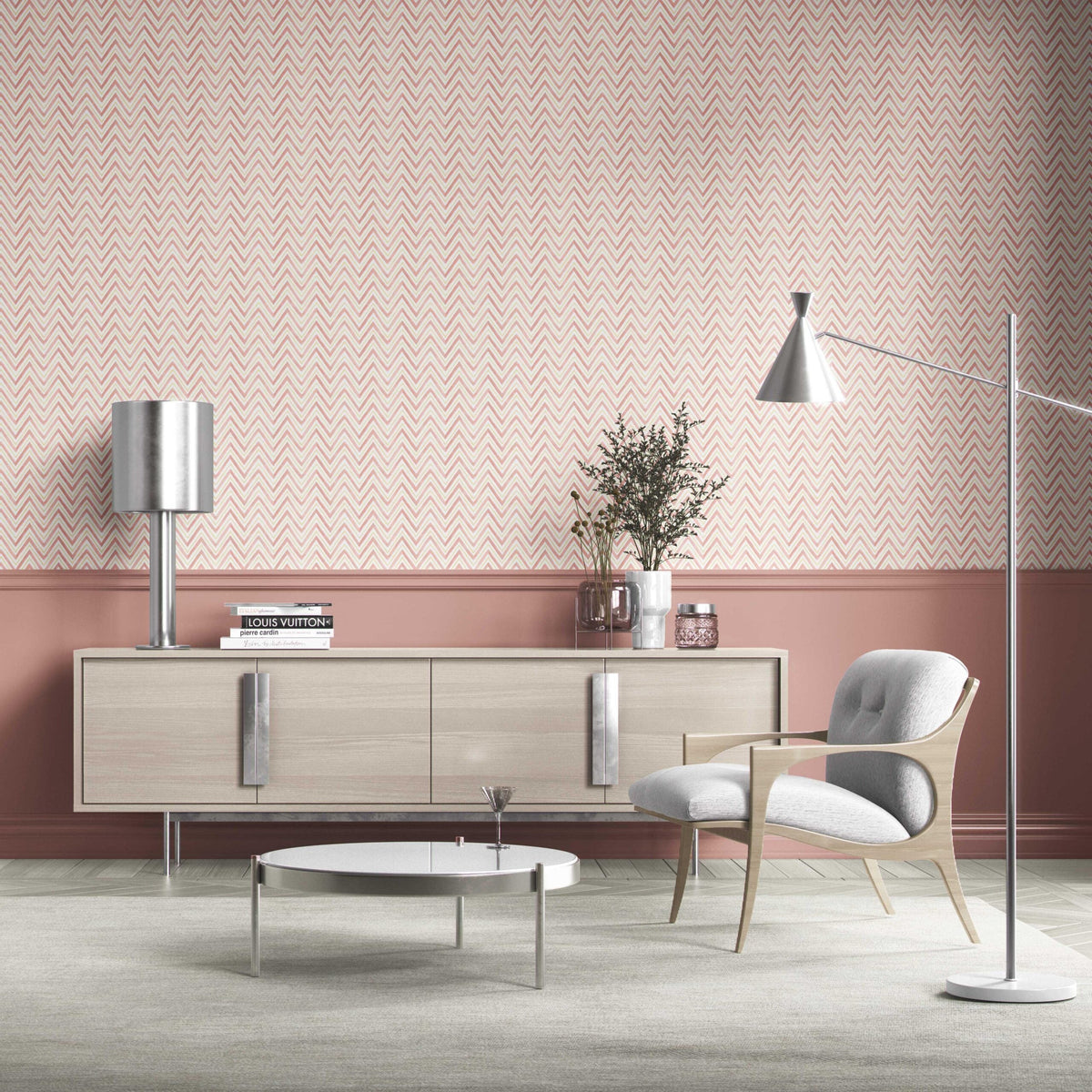 Geometric Zigzag/ Chevron Bathroom Wallpaper (Pink/ Yellow)