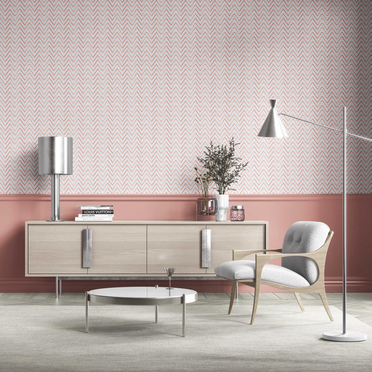 Geometric Zigzag/ Chevron Bathroom Wallpaper (Coral Pink/ Blue)
