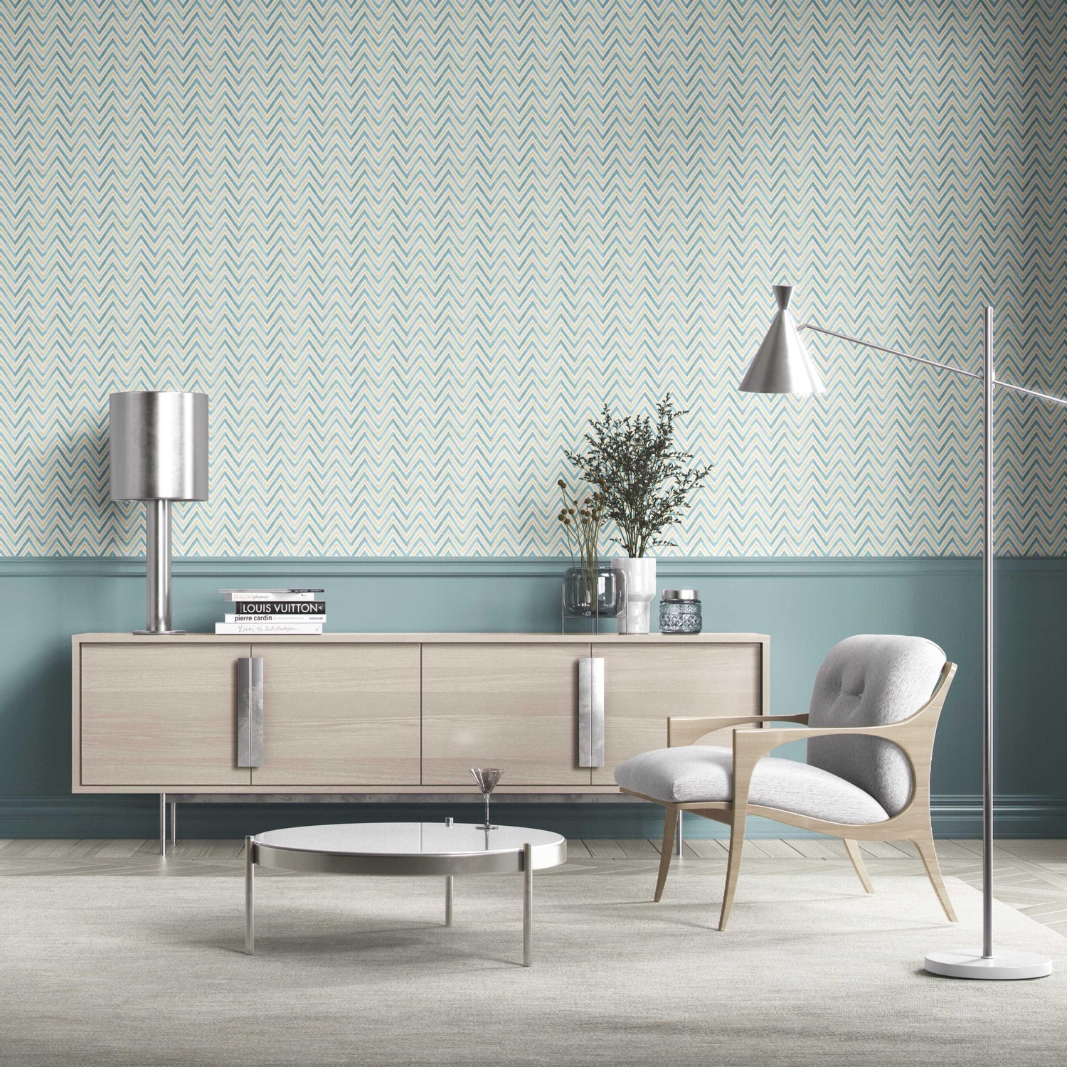 Geometric Zigzag/ Chevron Bathroom Wallpaper (Blue/ Yellow)