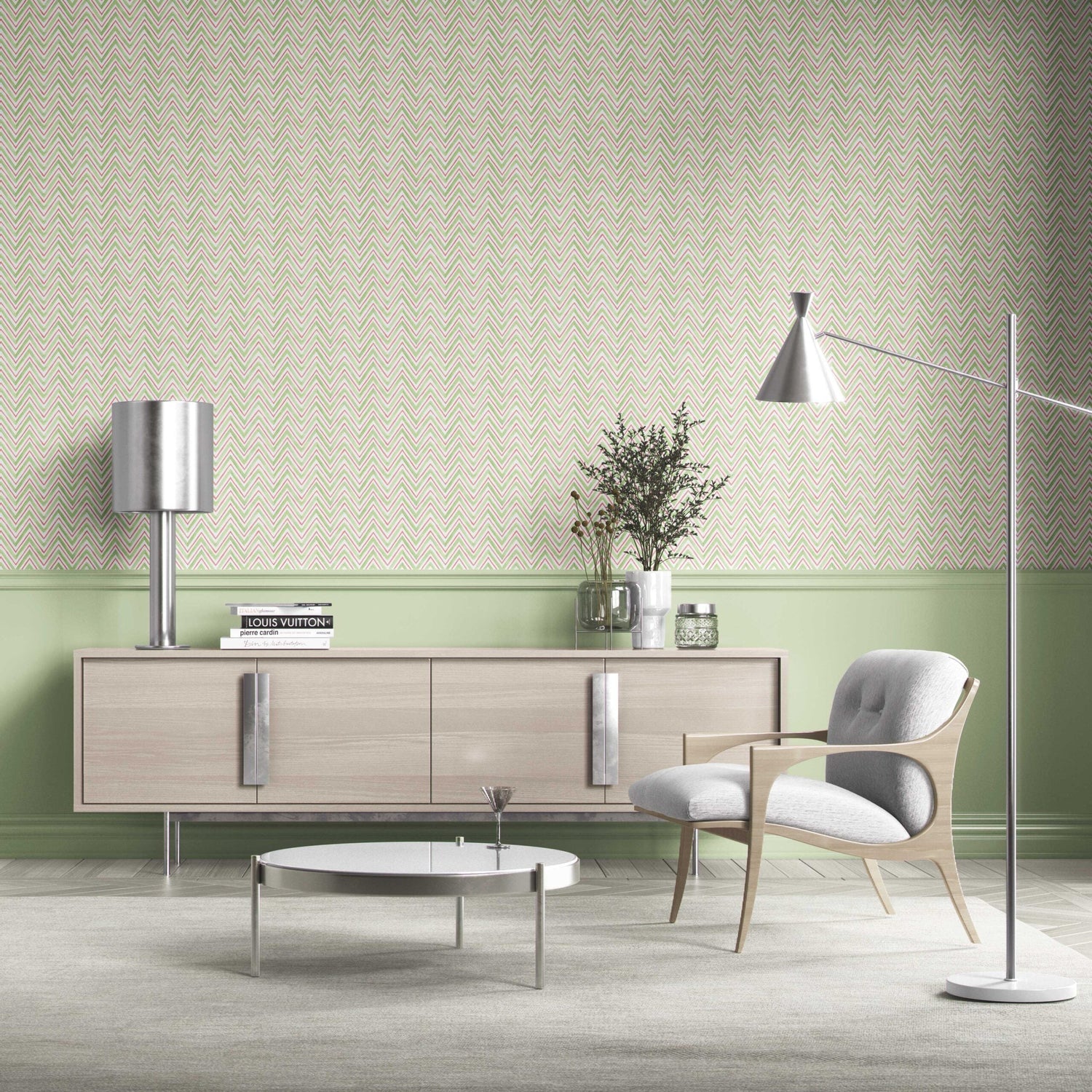 Geometric Zigzag/ Chevron Bathroom Wallpaper (Green/ Pink)