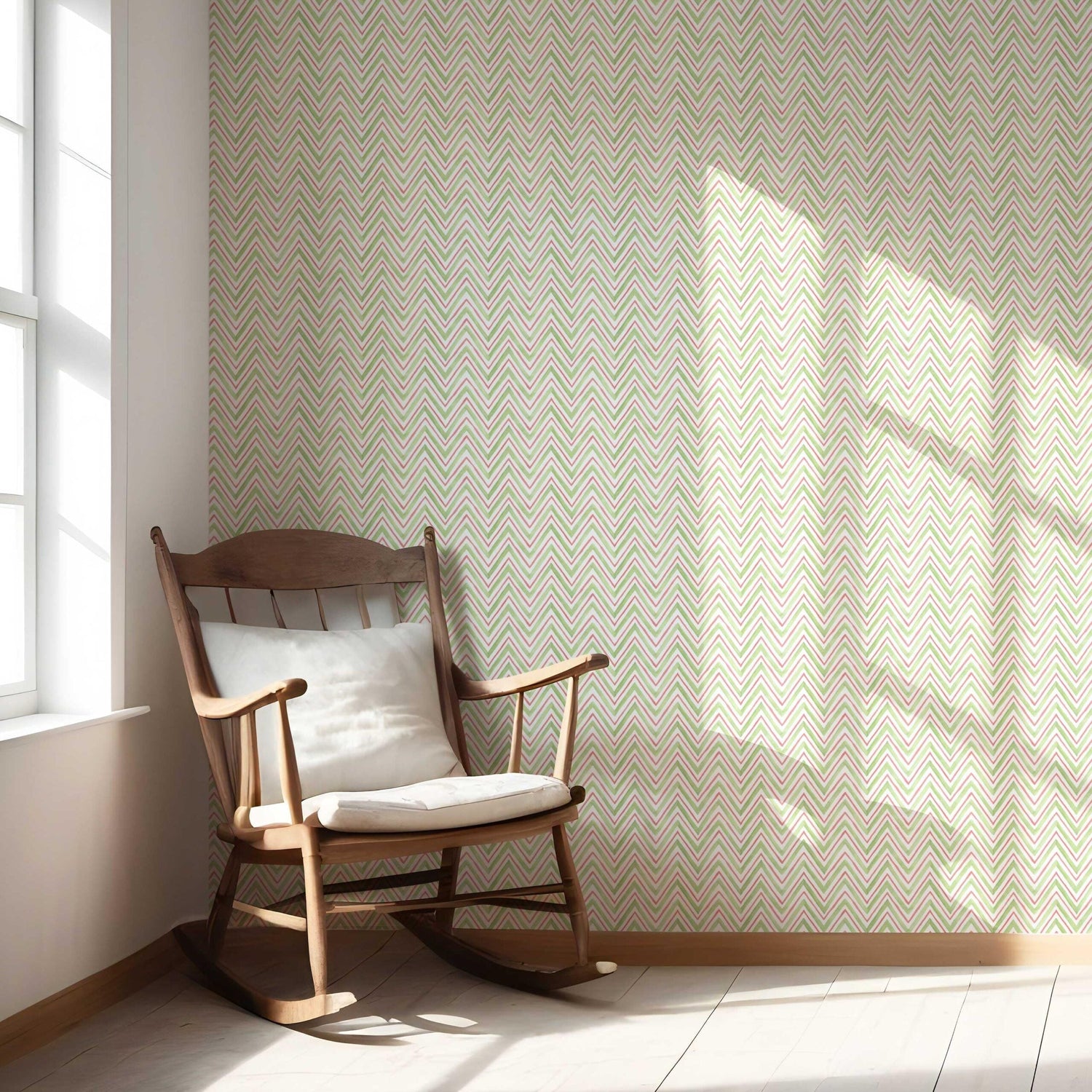 Geometric Zigzag/ Chevron Nursery Wallpaper (Green/ Pink)