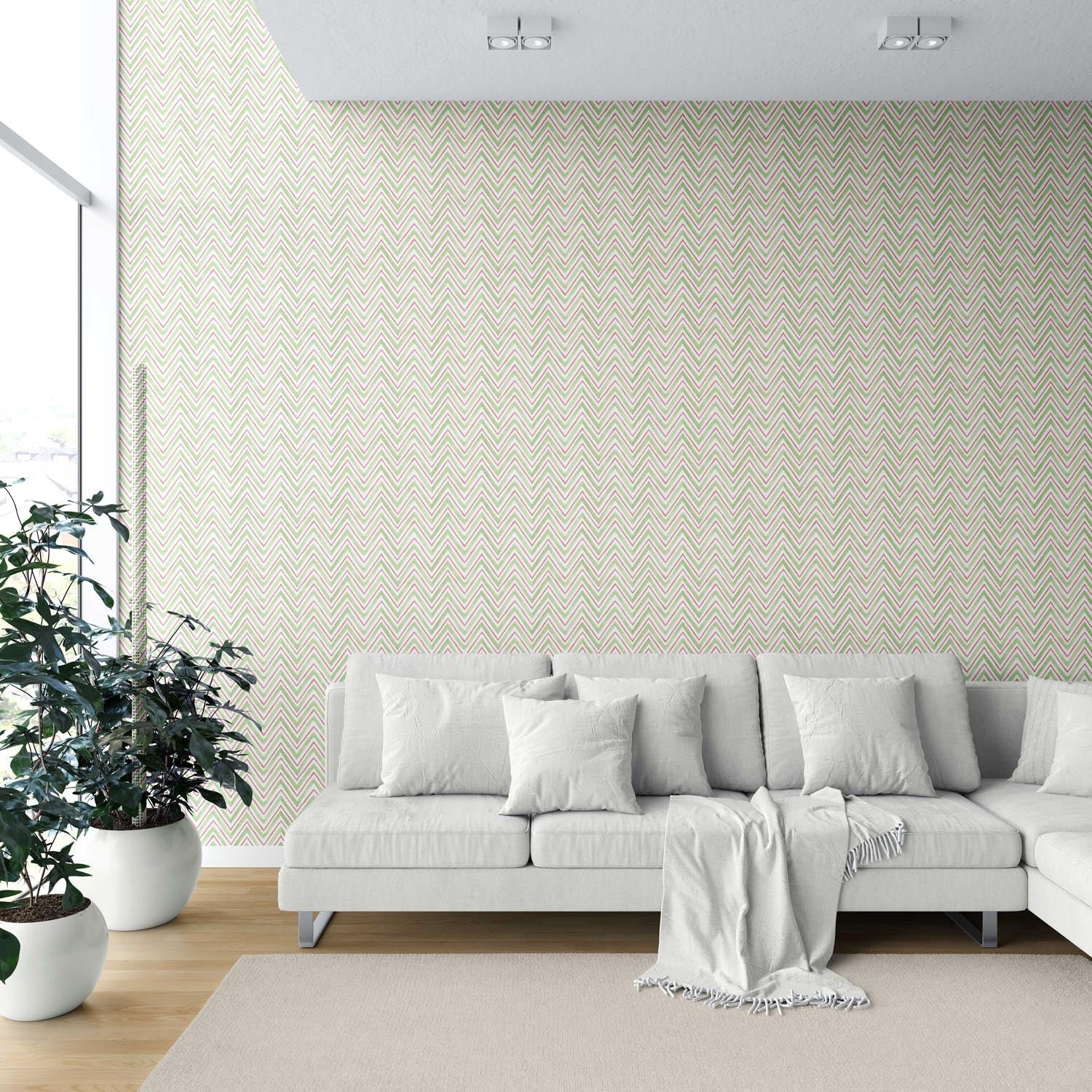 Geometric Zigzag/ Chevron Shower Toilet Wallpaper (Green/ Pink)
