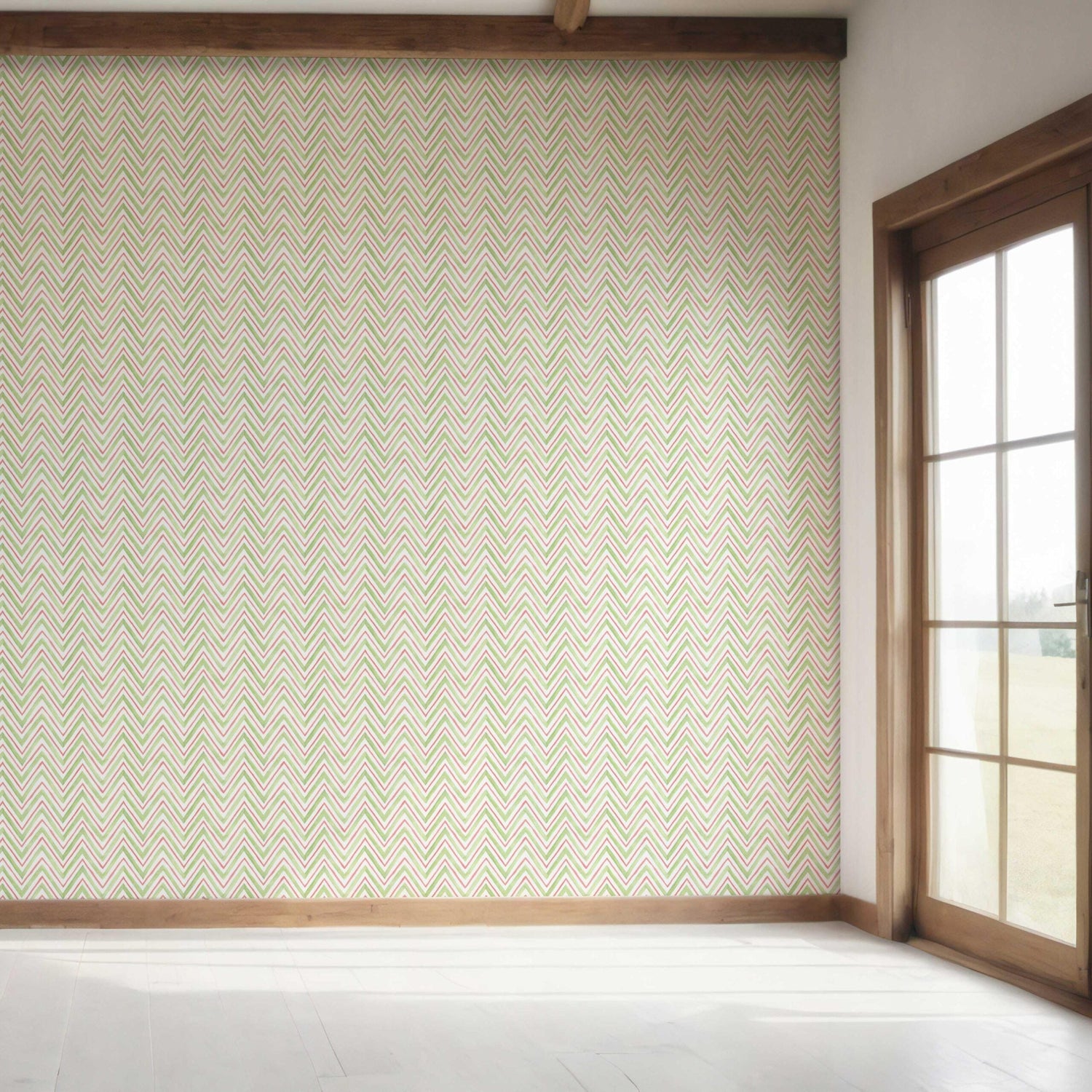Geometric Zigzag/ Chevron Bedroom Wallpaper (Green/ Pink)