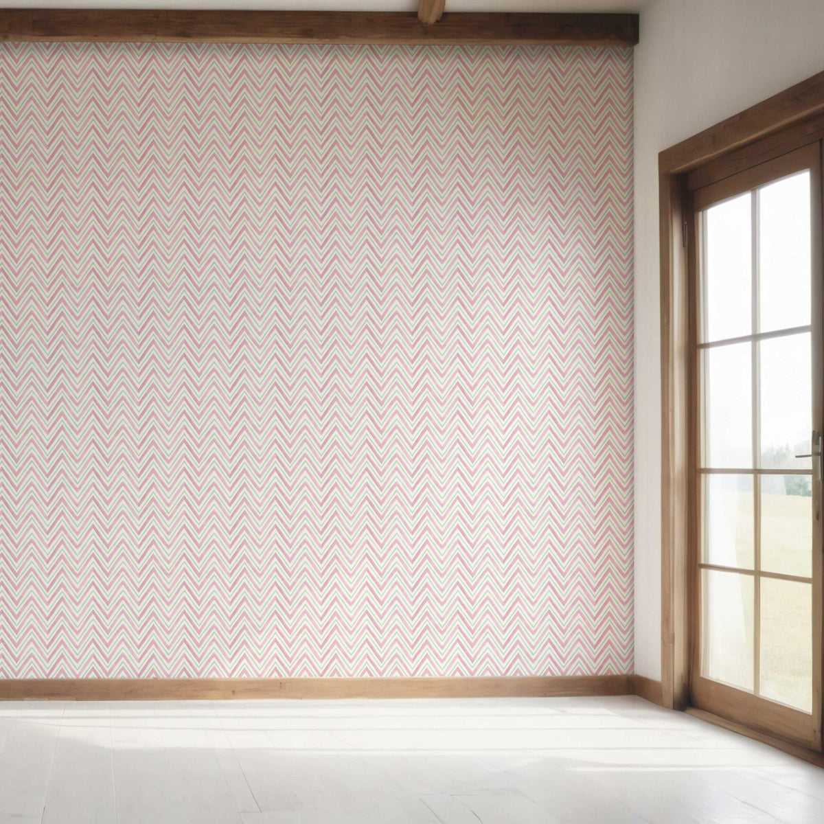 Geometric Zigzag/ Chevron Bedroom Wallpaper (Soft Pink/ Green)