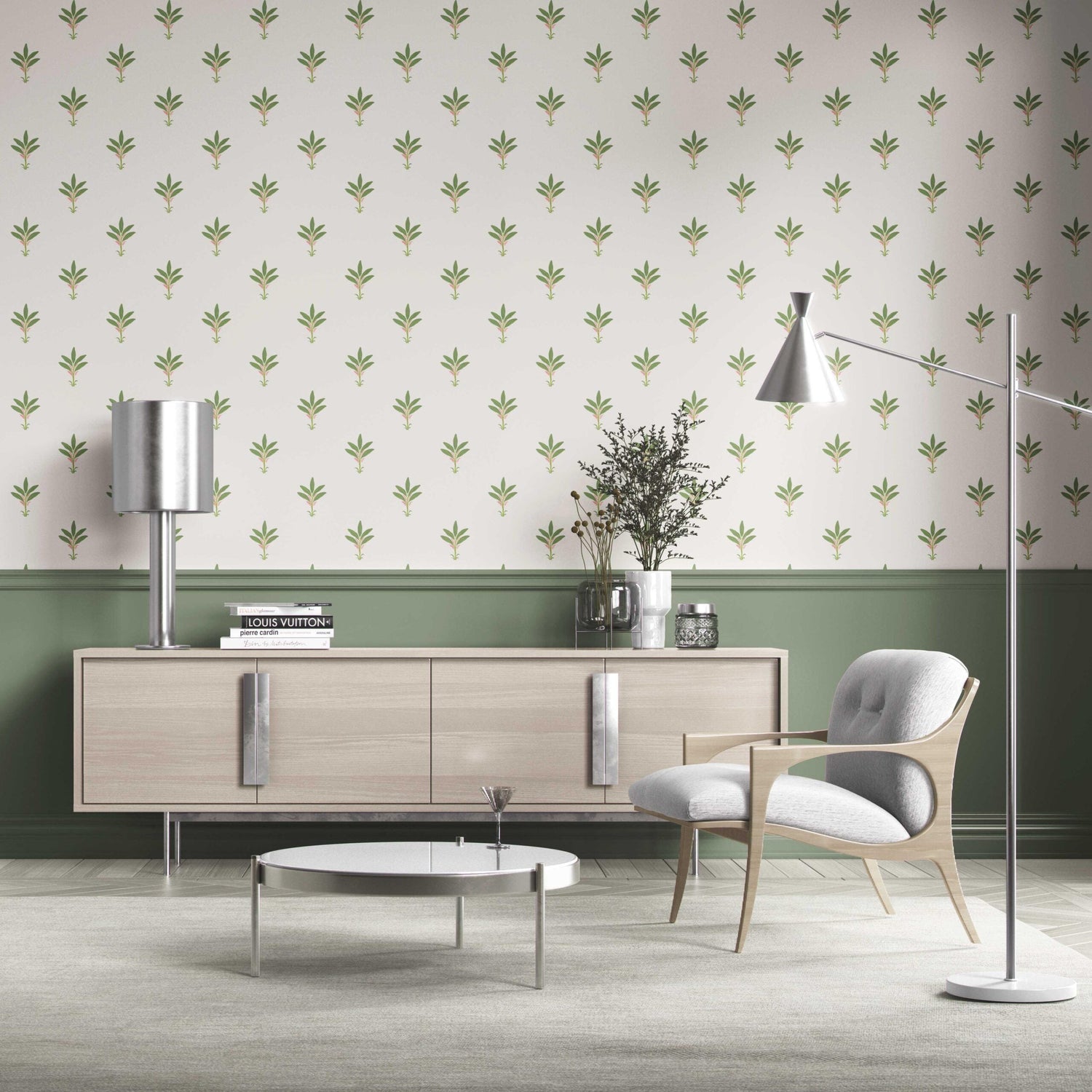 Vintage-Inspired Floral Block Print Kitchen Wallpaper (White/ Green/ Pink)