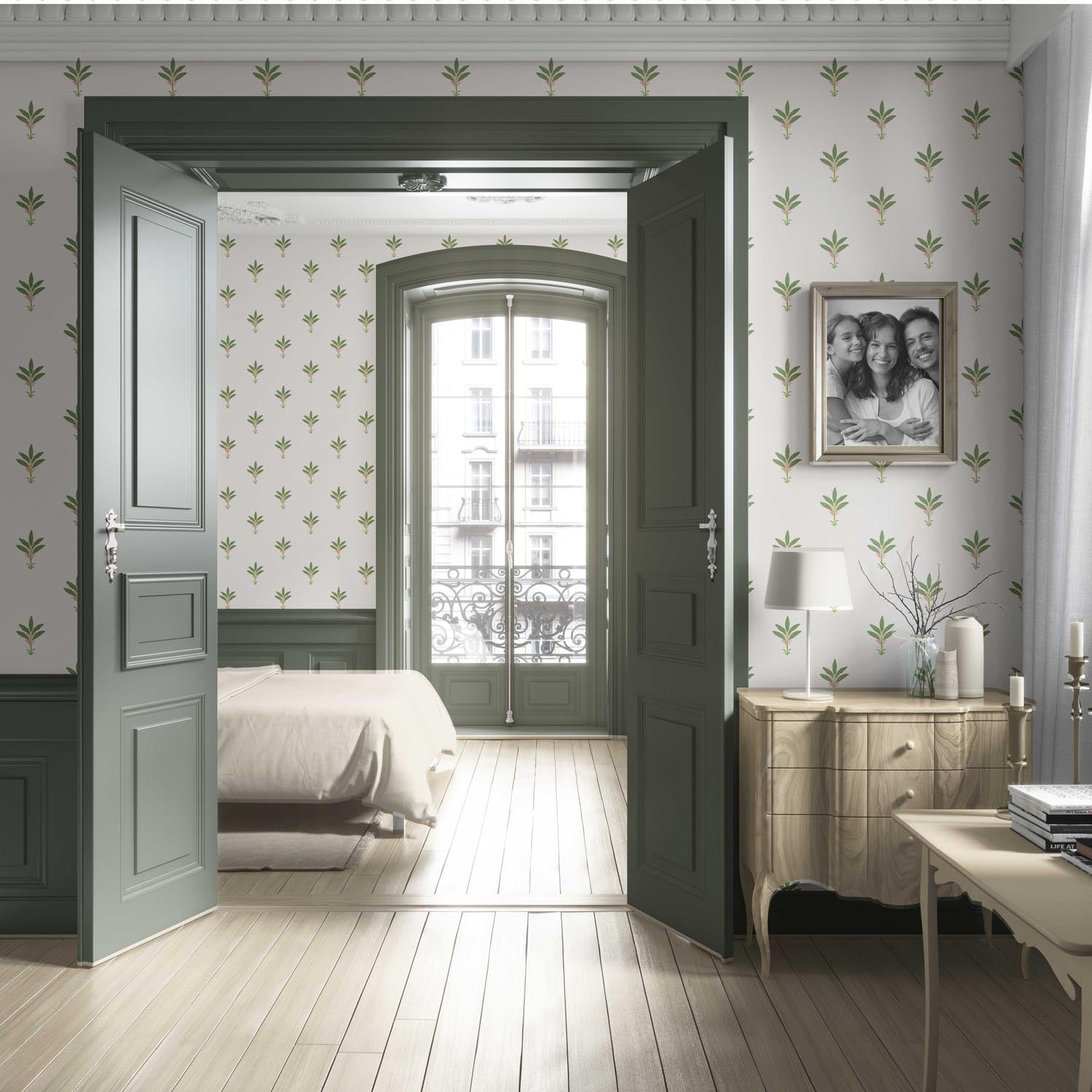 Vintage-Inspired Floral Block Print Living Room Wallpaper (White/ Green/ Pink)