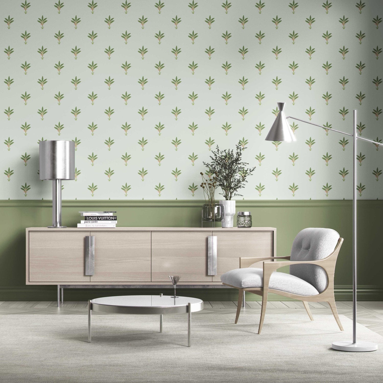 Vintage-Inspired Floral Block Print Kitchen Wallpaper (Mint Green/ Pink)