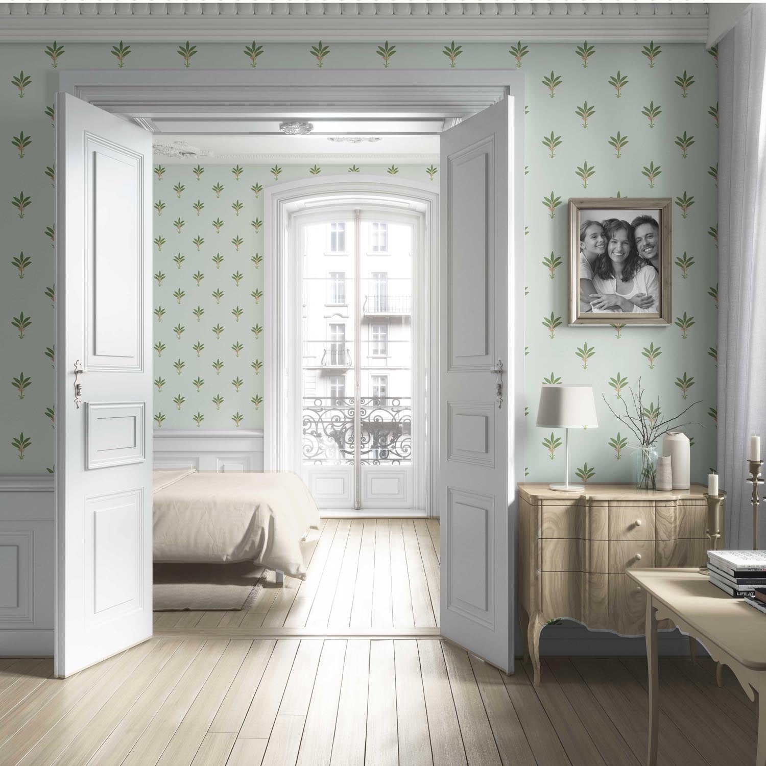 Vintage-Inspired Floral Block Print Living Room Wallpaper (Mint Green/ Pink)