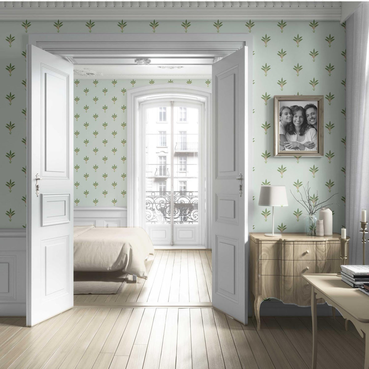 Vintage-Inspired Floral Block Print Living Room Wallpaper (Mint Green/ Pink)