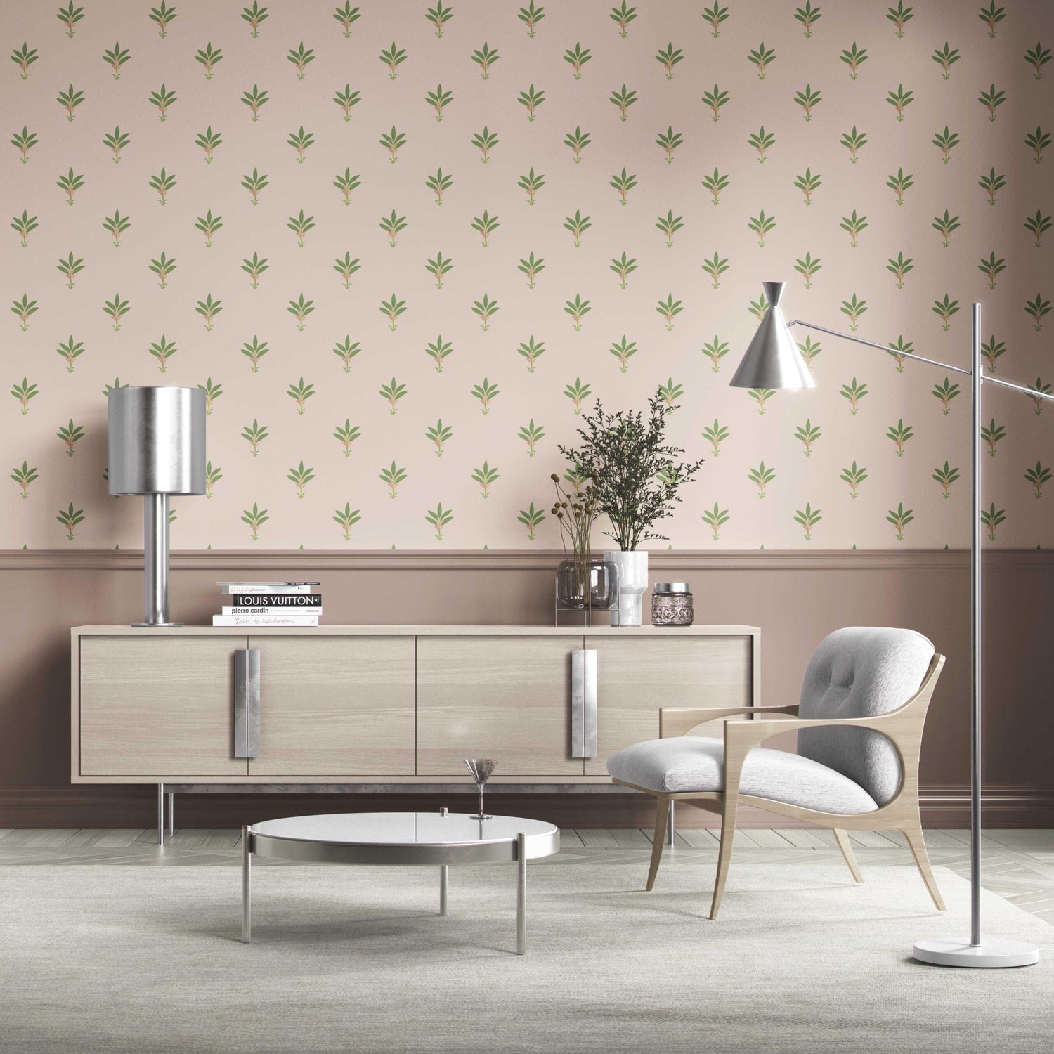 Vintage-Inspired Floral Block Print Kitchen Wallpaper (Pastel Pink/ Green)