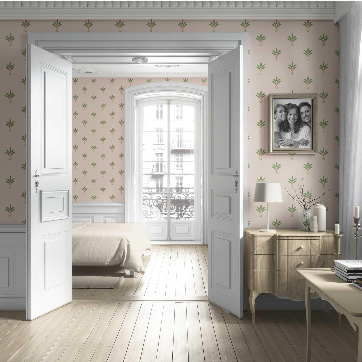 Vintage-Inspired Floral Block Print Living Room Wallpaper (Pastel Pink/ Green)