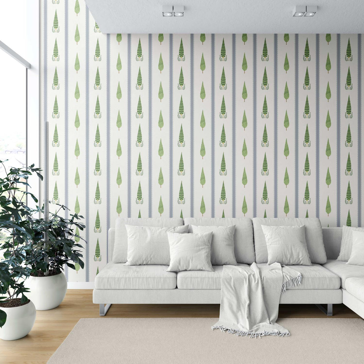 Modern Floral/ Botanical Leaf Print Shower Toilet Wallpaper (Green/ White/ Blue)