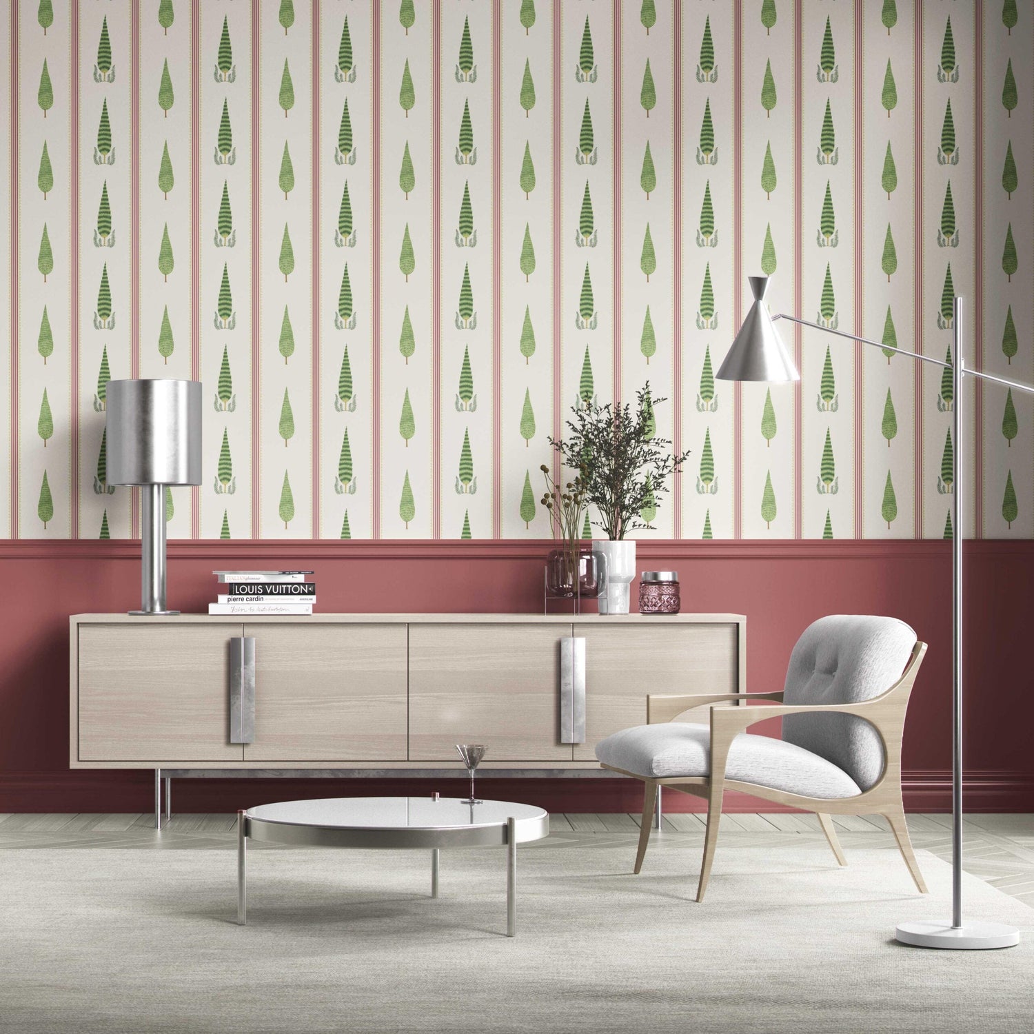 Modern Floral/ Botanical Leaf Print Kitchen Wallpaper (Red/ Green/ White)