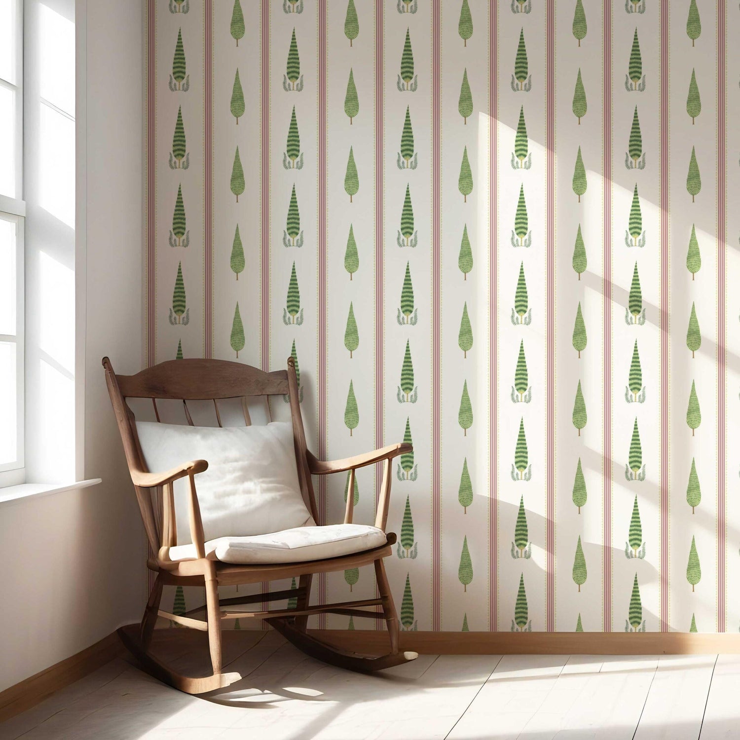 Modern Floral/ Botanical Leaf Print Nursery Wallpaper (Red/ Green/ White)