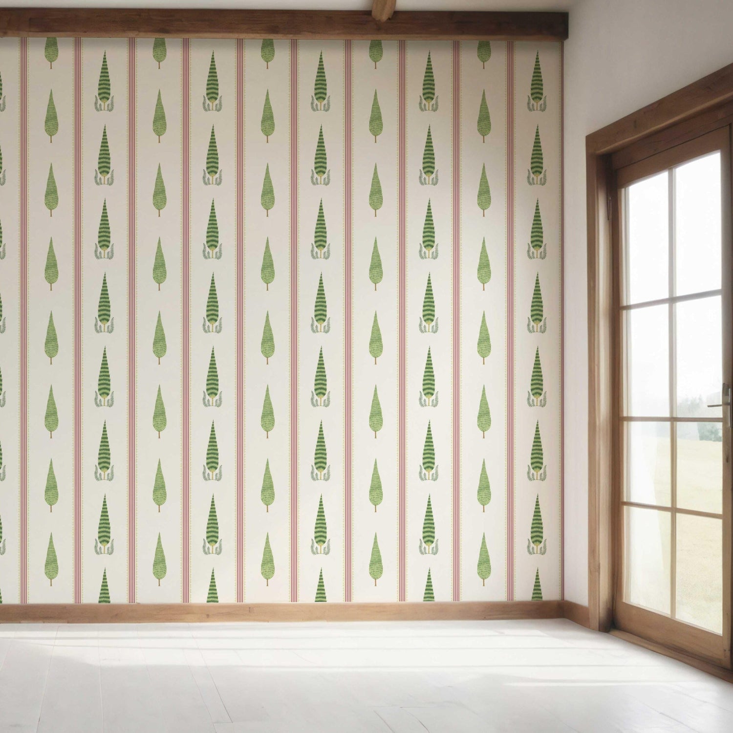 Modern Floral/ Botanical Leaf Print Bedroom Wallpaper (Red/ Green/ White)