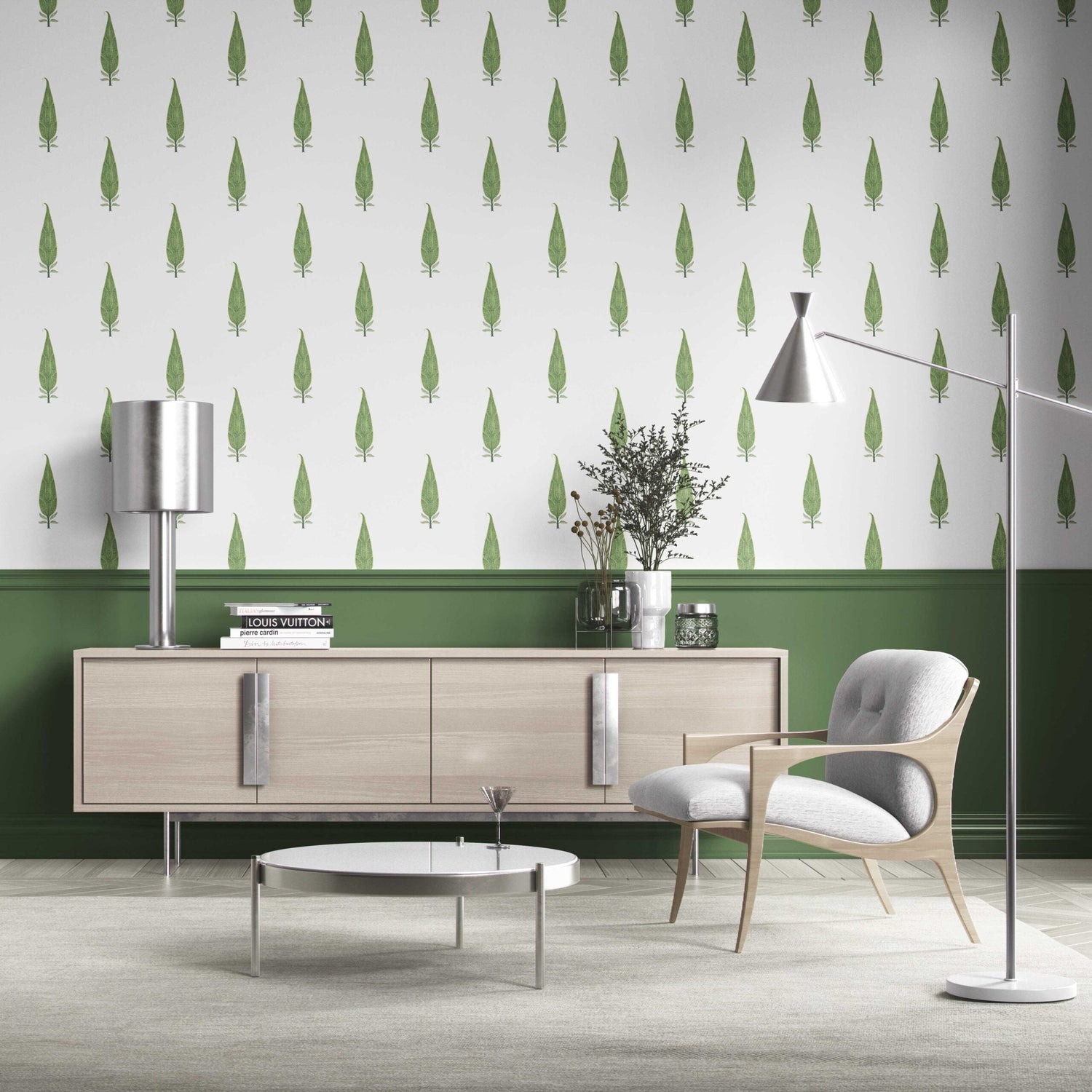 Modern Botanical Floral Block Print Kitchen Wallpaper (Green/ White)