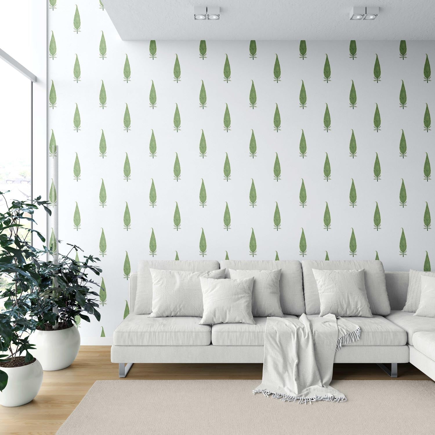 Modern Botanical Floral Block Print Shower Toilet Wallpaper (Green/ White)