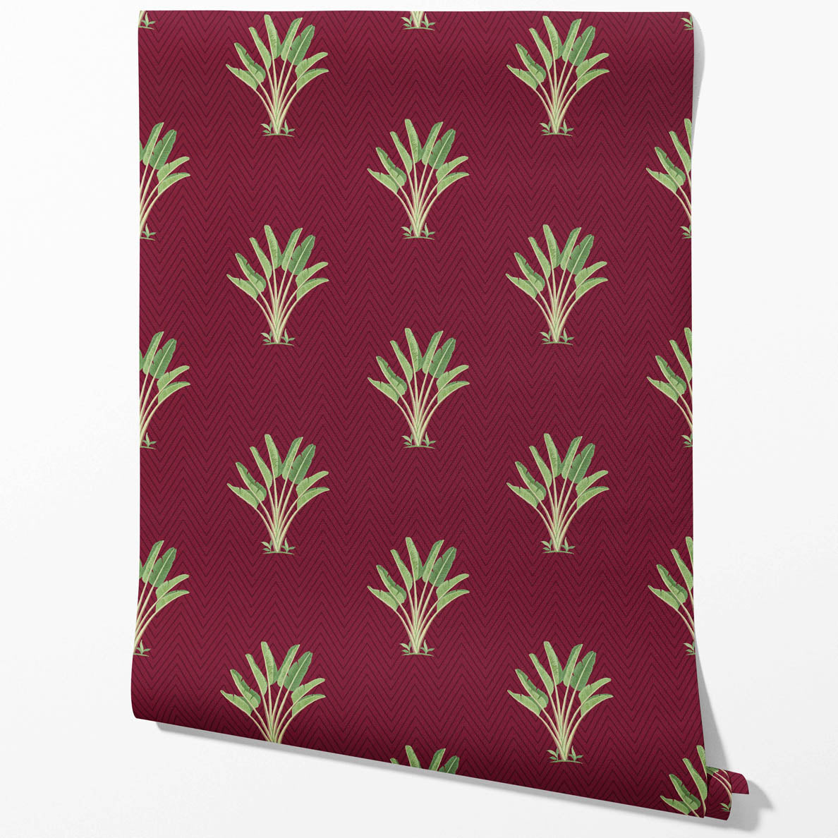 Botanical/ Floral Block Print Kitchen Wallpaper (Deep Red/ Green)
