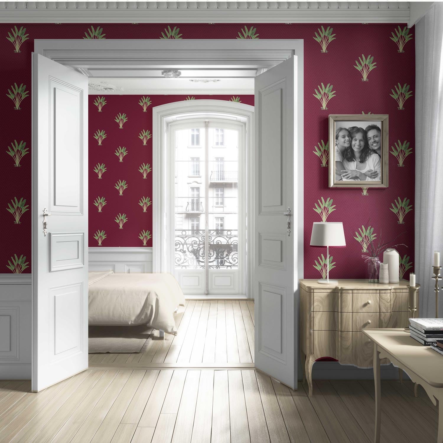 Botanical/ Floral Block Print Living Room Wallpaper (Deep Red/ Green)