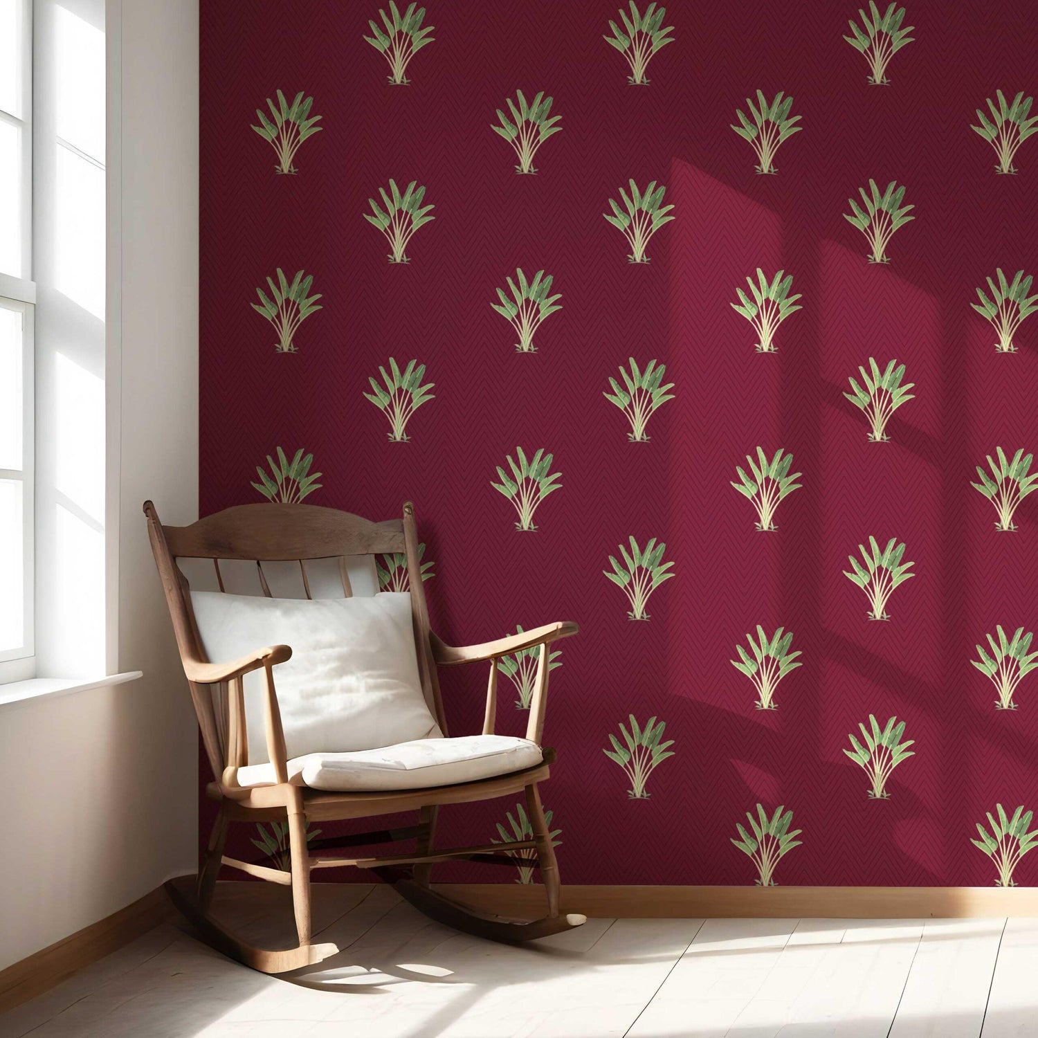 Botanical/ Floral Block Print Nursery Wallpaper (Deep Red/ Green)