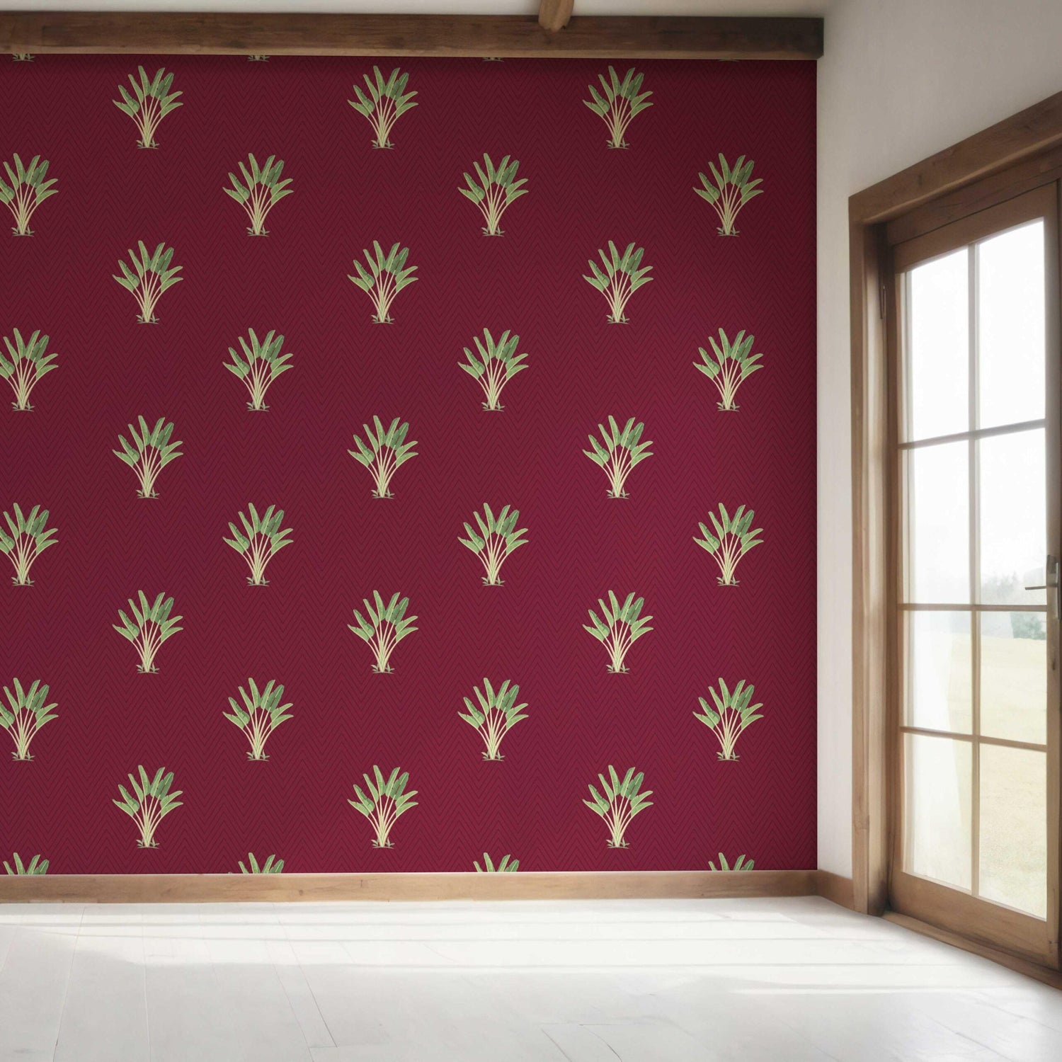 Botanical/ Floral Block Print Bedroom Wallpaper (Deep Red/ Green)