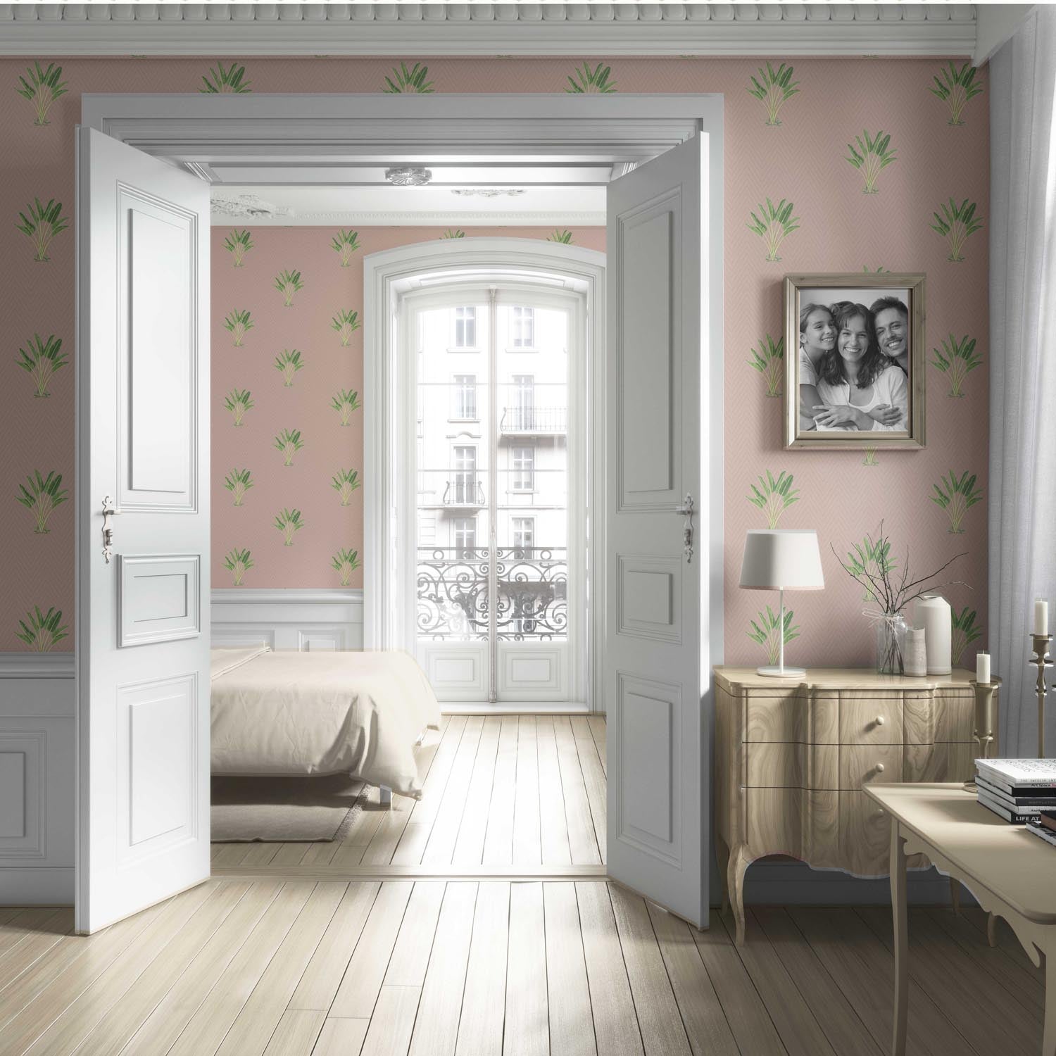 Botanical/ Floral Block Print Living Room Wallpaper (Dusty Pink/ Green)