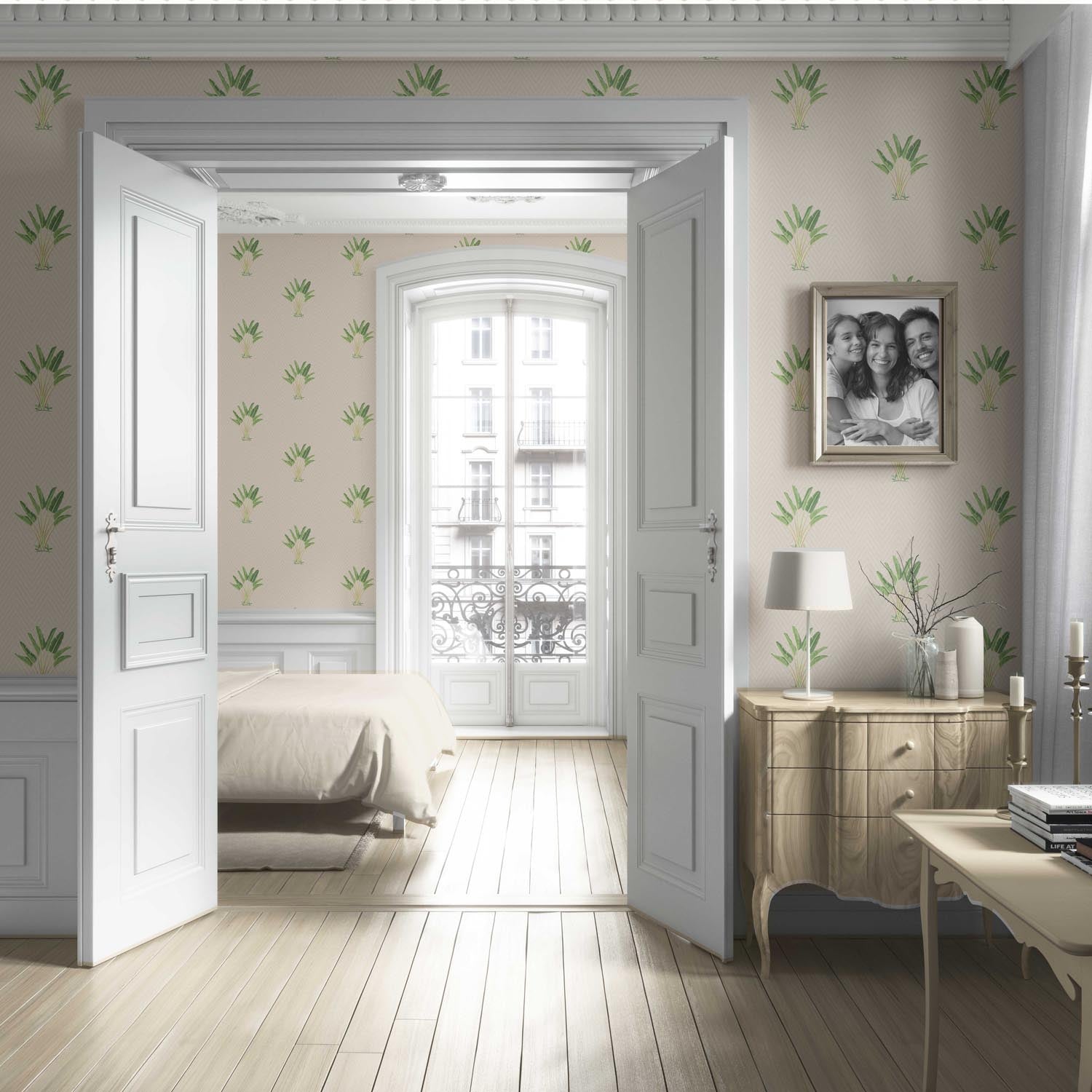 Botanical/ Floral Block Print Living Room Wallpaper (Beige/ Greige/ Green)