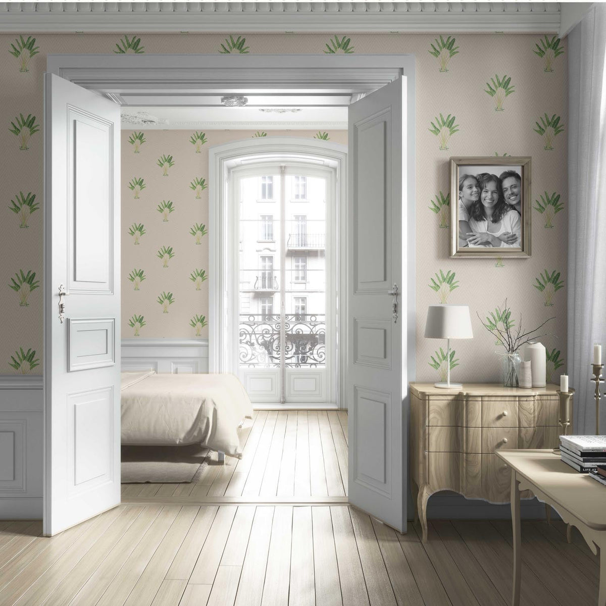 Botanical/ Floral Block Print Living Room Wallpaper (Beige/ Greige/ Green)