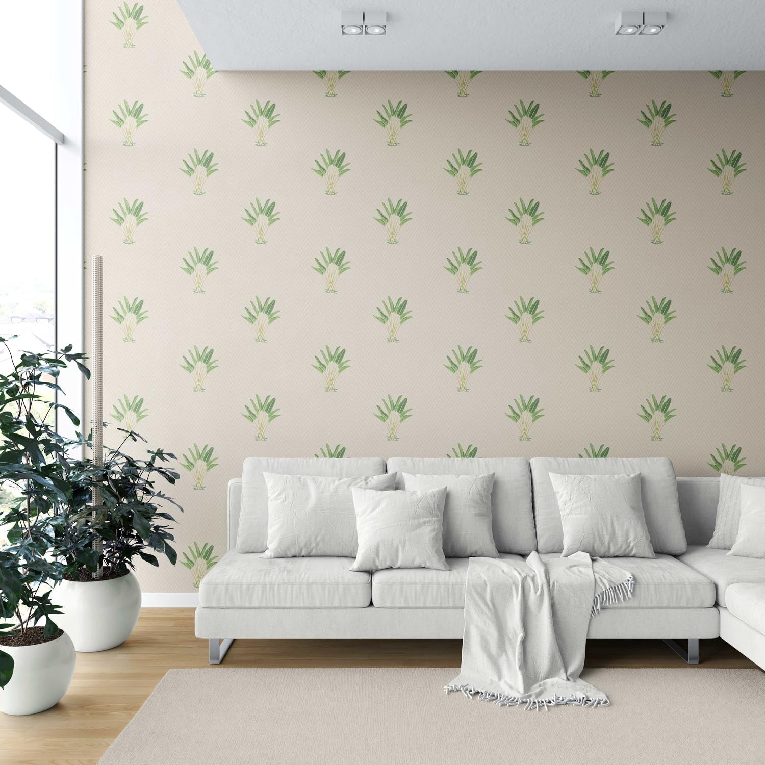 Botanical/ Floral Block Print Shower Toilet Wallpaper (Beige/ Greige/ Green)