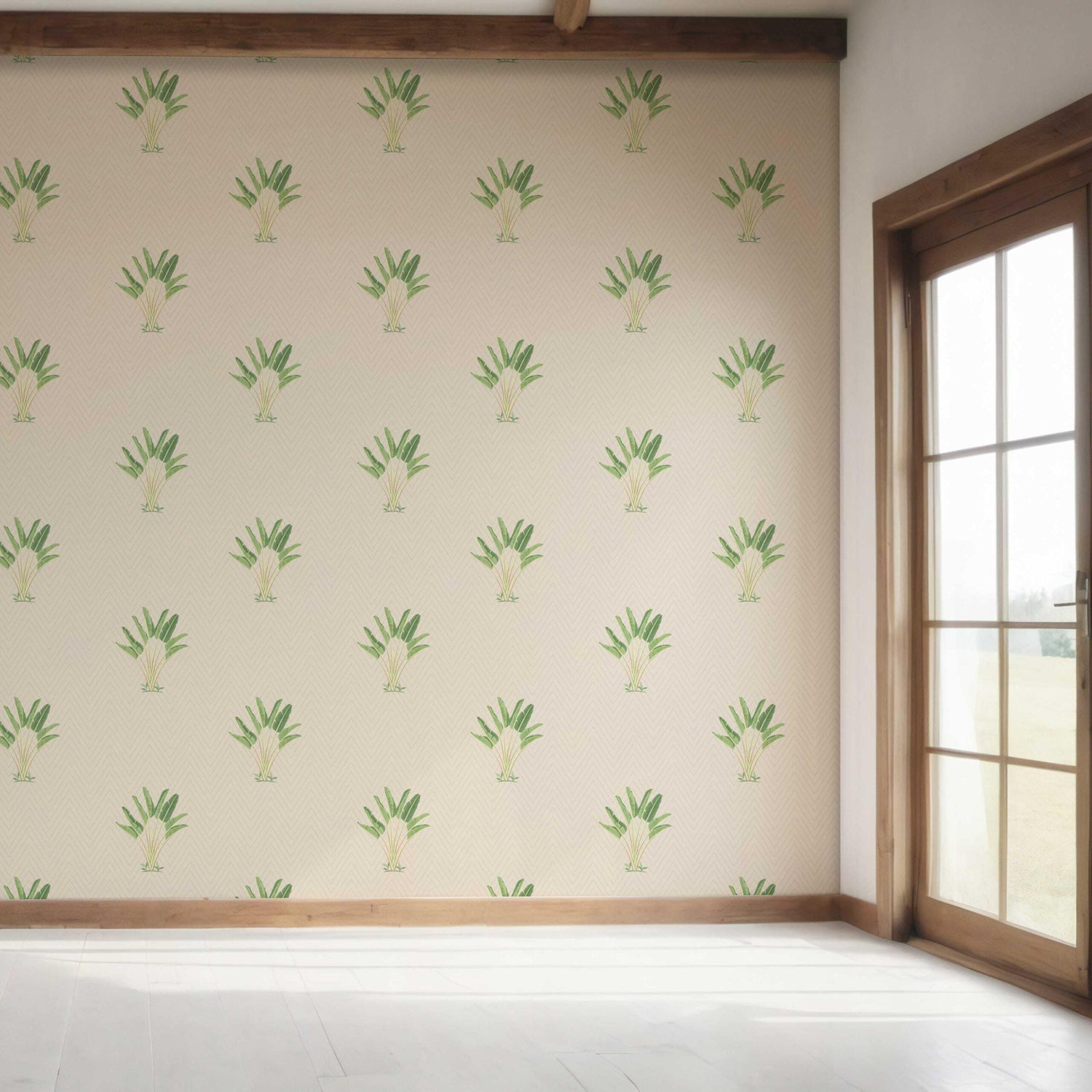 Botanical/ Floral Block Print Bedroom Wallpaper (Beige/ Greige/ Green)