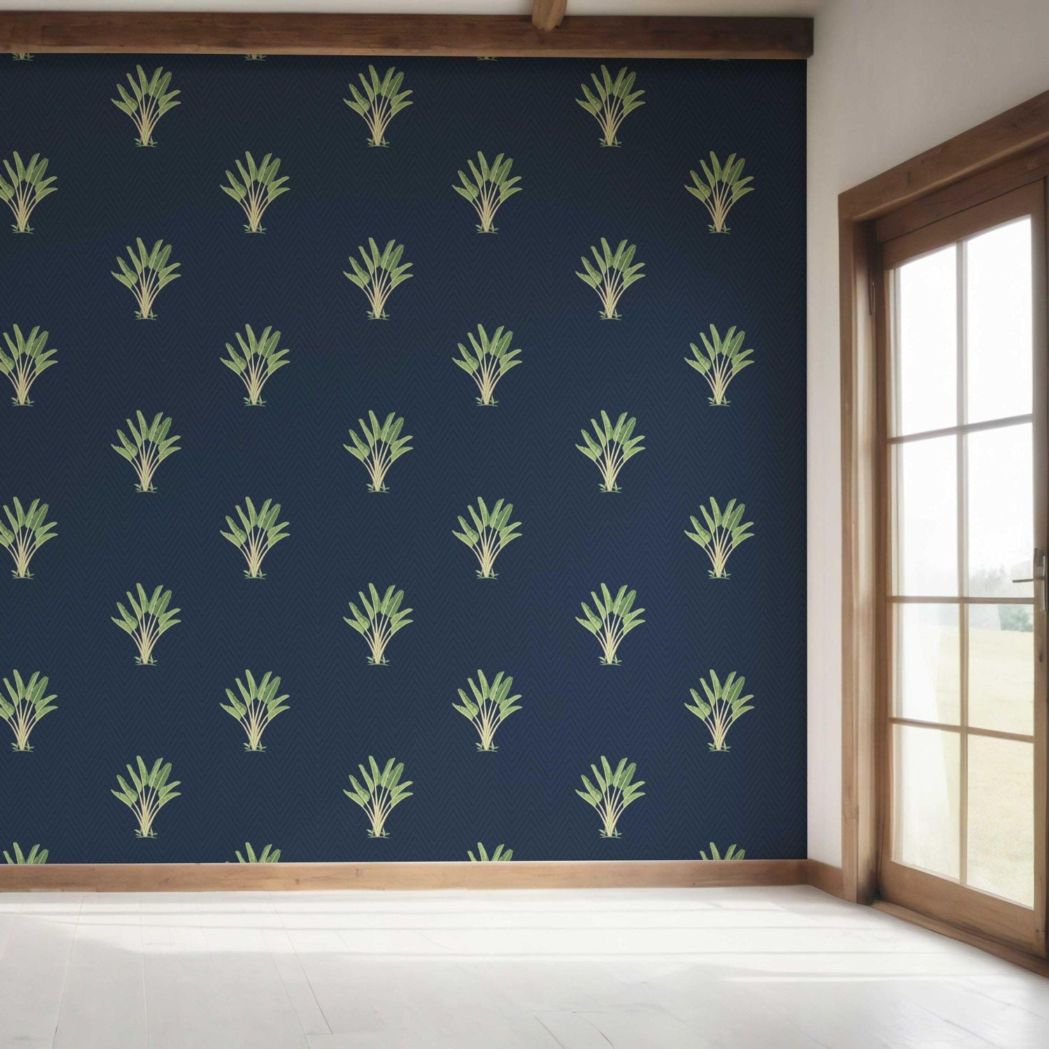 Botanical/ Floral Block Print Bedroom Wallpaper (Midnight Blue/ Green)