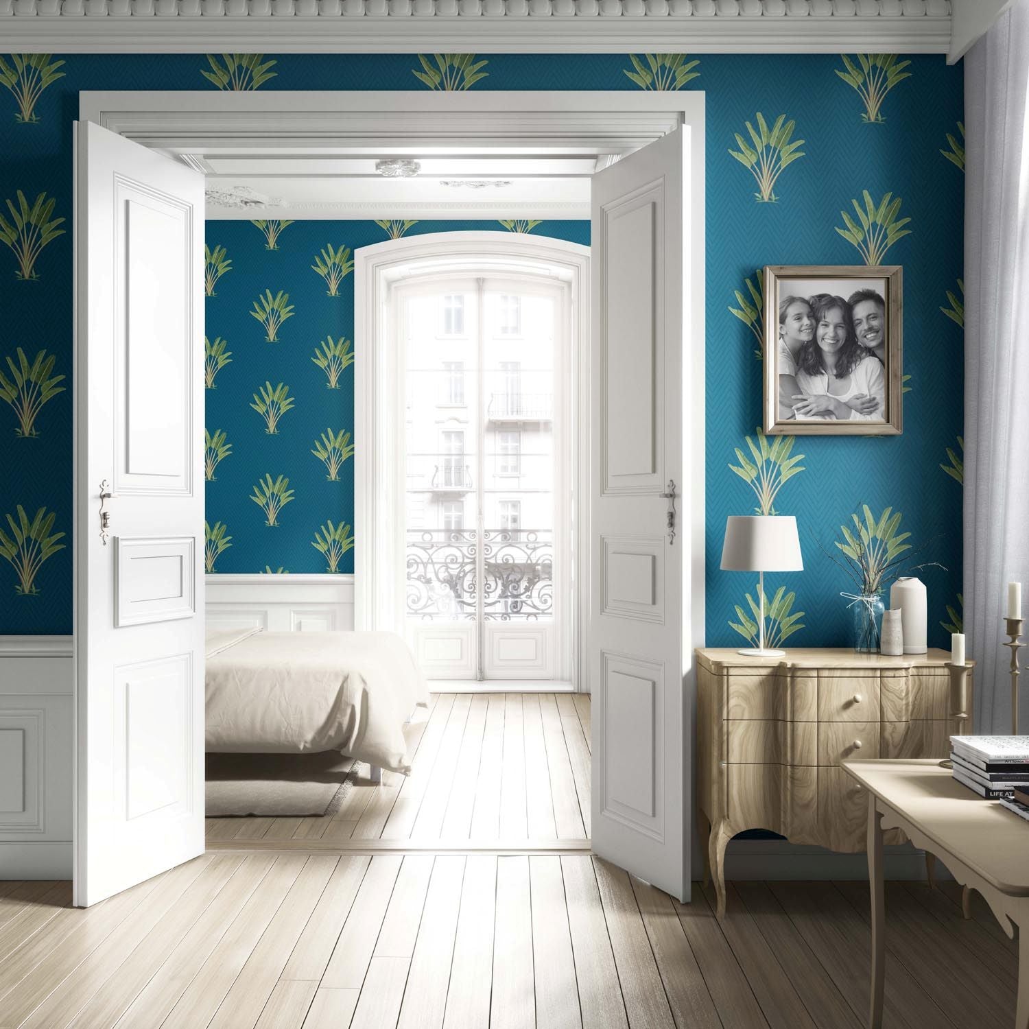 Botanical/ Floral Block Print Living Room Wallpaper (Teal Blue/ Green)