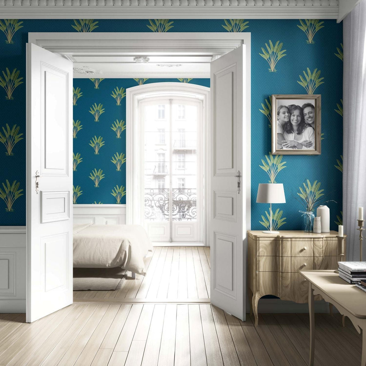 Botanical/ Floral Block Print Living Room Wallpaper (Teal Blue/ Green)