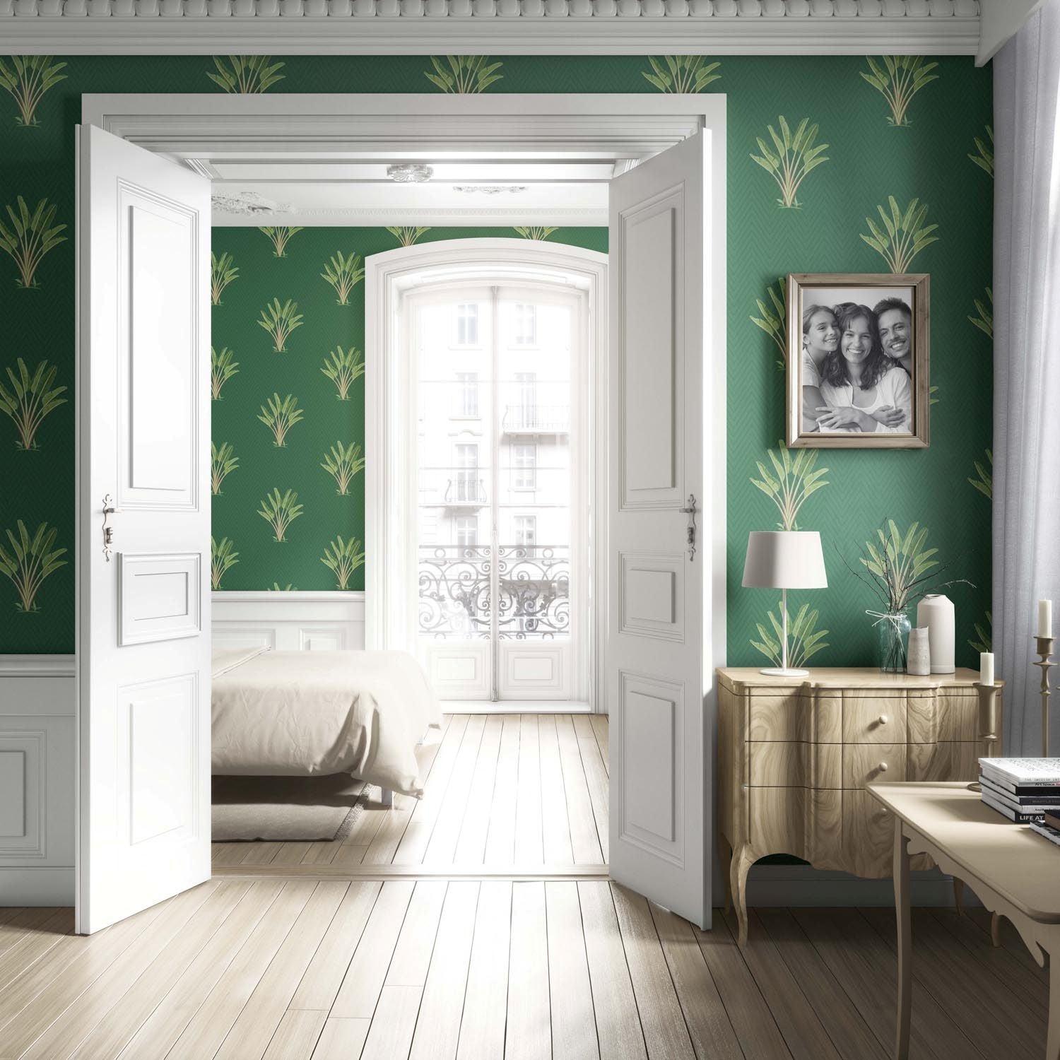 Botanical/ Floral Block Print Living Room Wallpaper (Green)