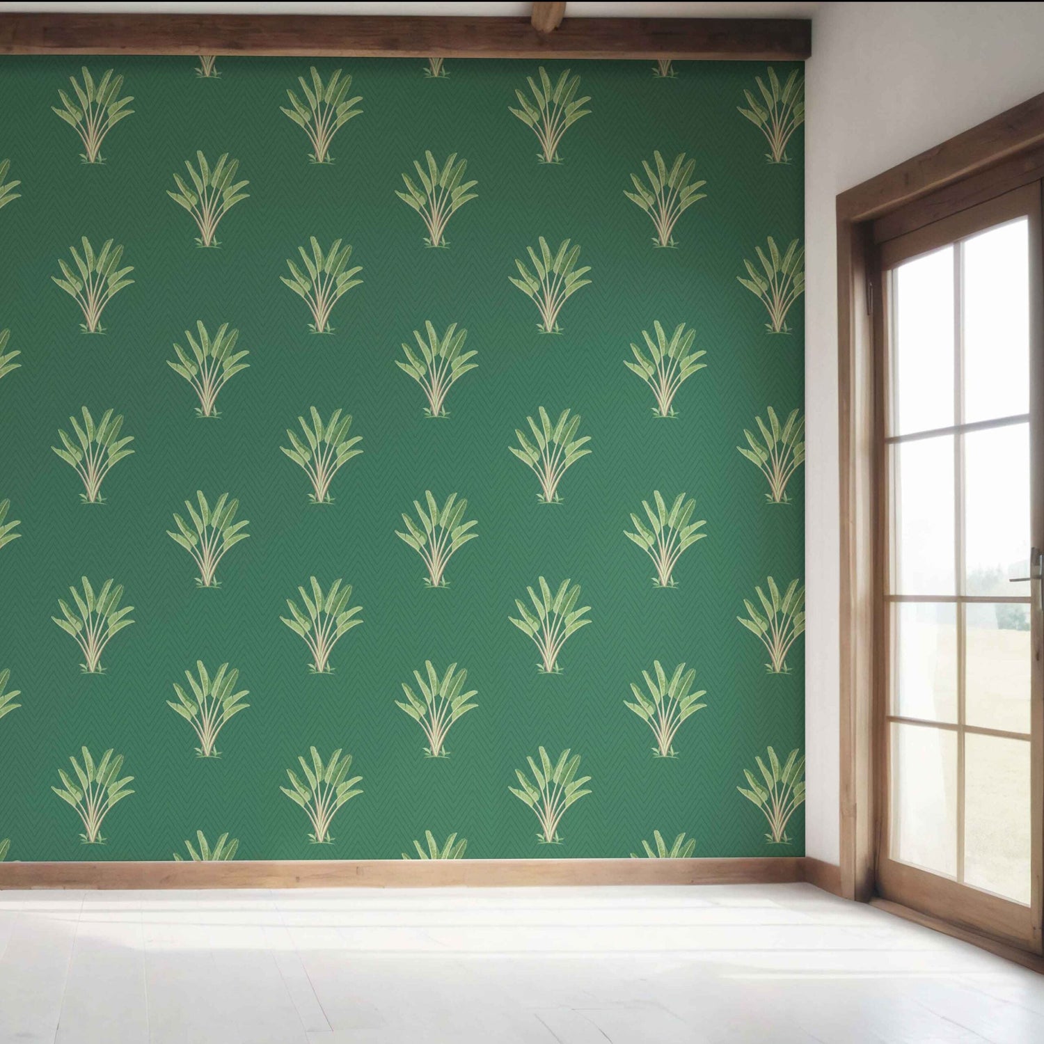 Botanical/ Floral Block Print Bedroom Wallpaper (Green)