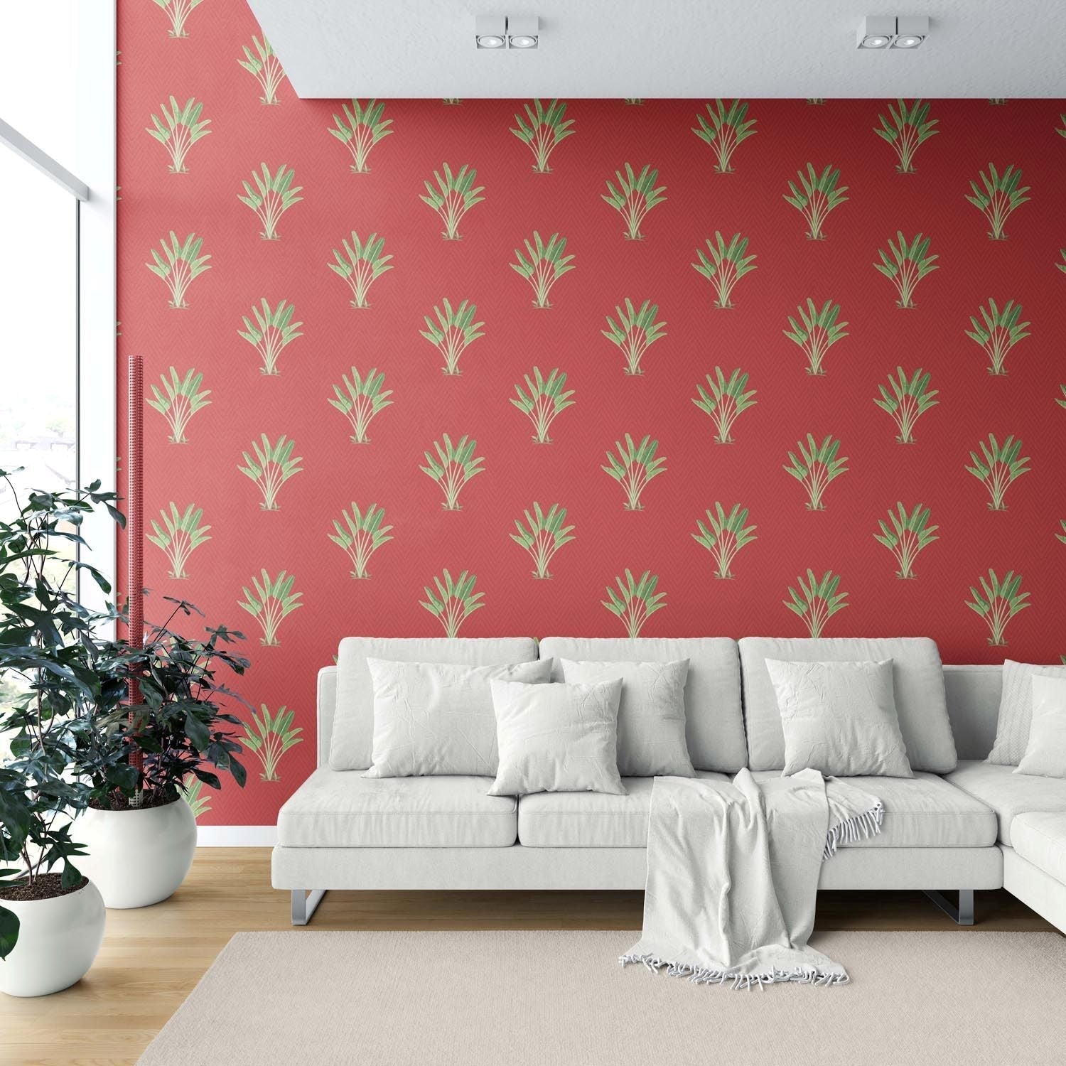 Botanical/ Floral Block Print Shower Toilet Wallpaper (Red-Orange/ Green)