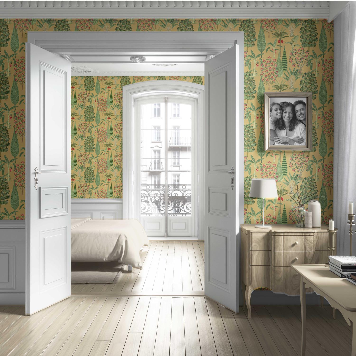 Tropical Floral/ Botanical Living Room Wallpaper (Yellow/ Green/ Pink/ Red)