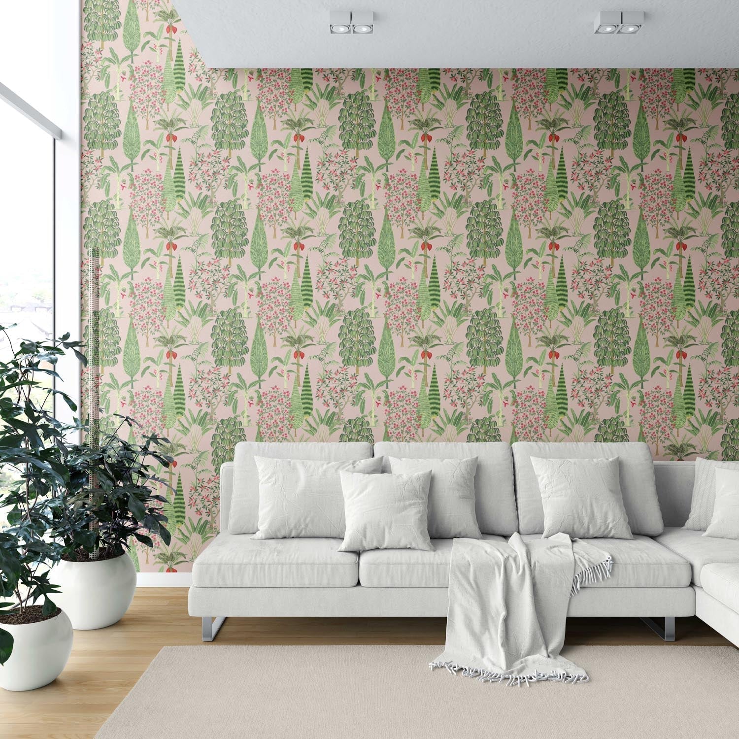 Tropical Floral/ Botanical Shower Toilet Wallpaper (Pink/ Green/ Red)