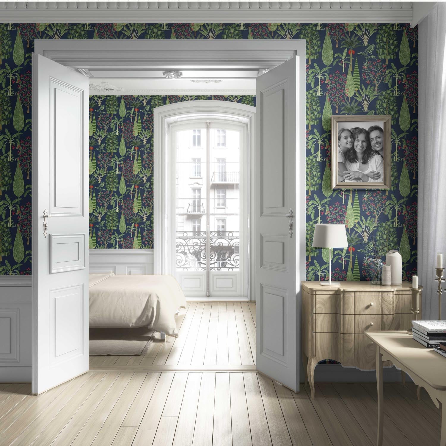 Tropical Floral/ Botanical Living Room Wallpaper (Navy Blue/ Green/ Pink/ Red)