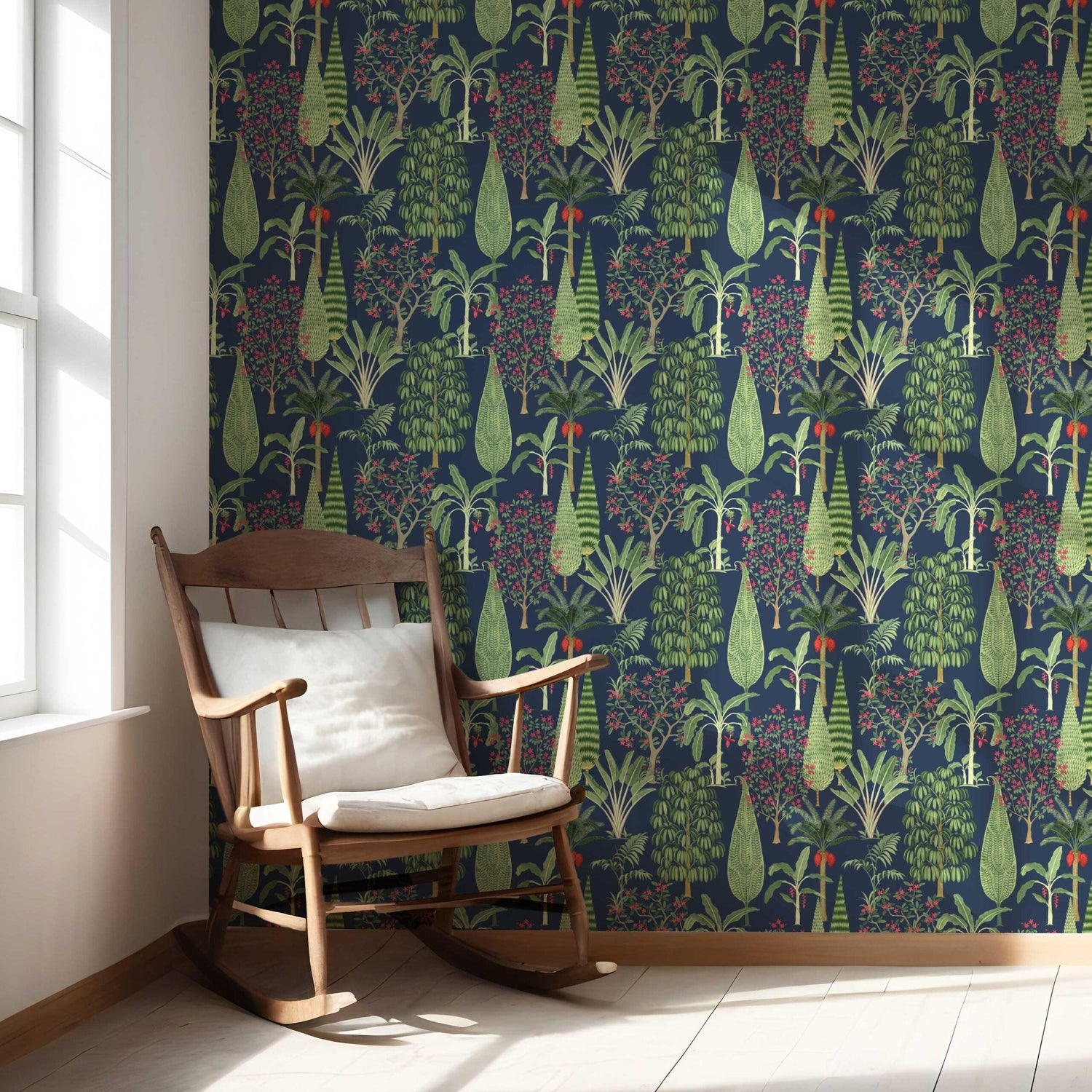 Tropical Floral/ Botanical Nursery Wallpaper (Navy Blue/ Green/ Pink/ Red)