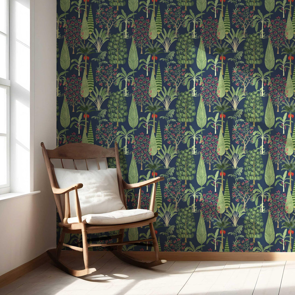 Tropical Floral/ Botanical Nursery Wallpaper (Navy Blue/ Green/ Pink/ Red)