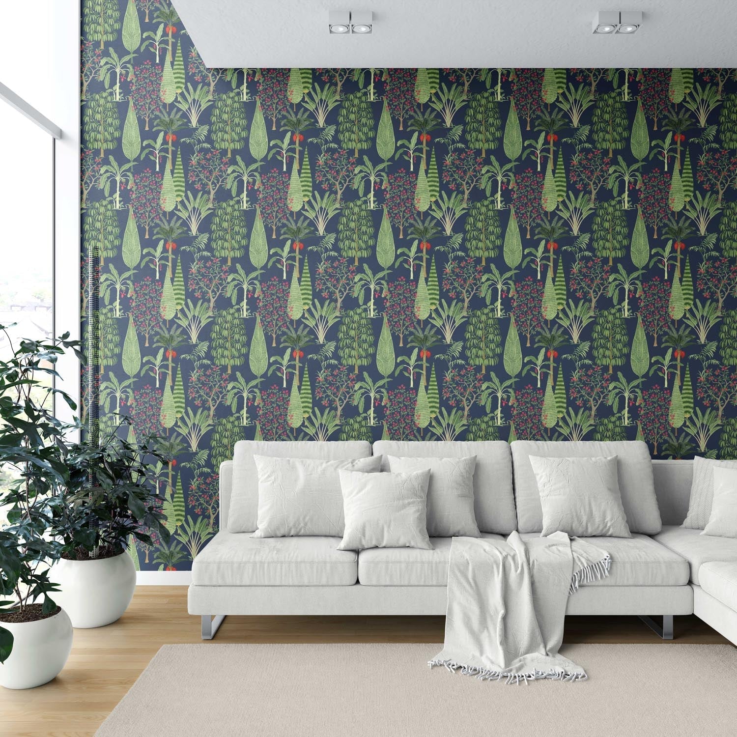 Tropical Floral/ Botanical Shower Toilet Wallpaper (Navy Blue/ Green/ Pink/ Red)