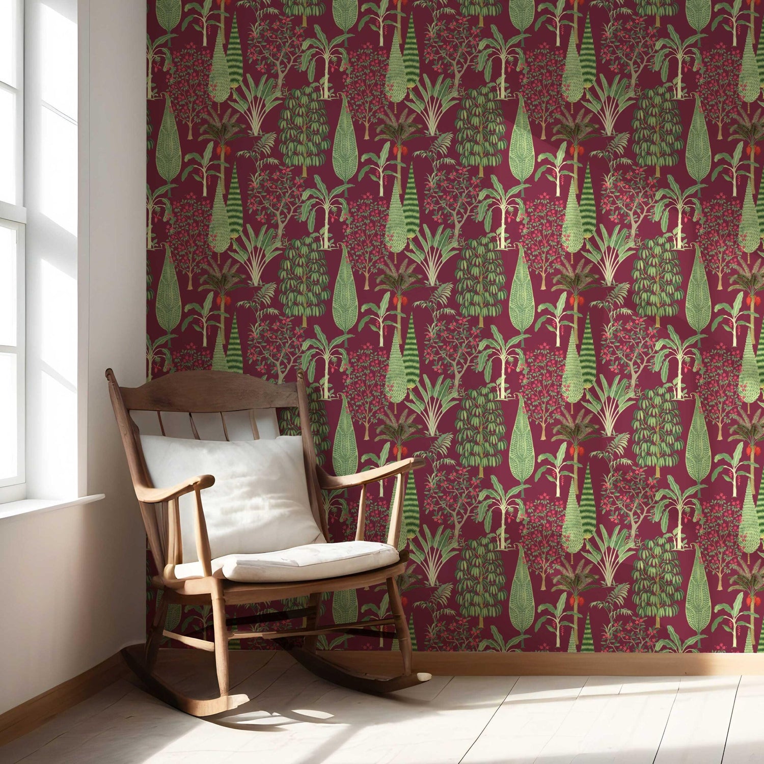 Tropical Floral/ Botanical Nursery Wallpaper (Burgundy Red/ Green/ Pink)