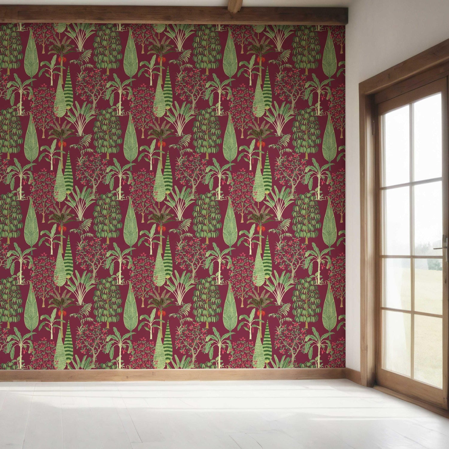 Tropical Floral/ Botanical Shower Toilet Wallpaper (Burgundy Red/ Green/ Pink)