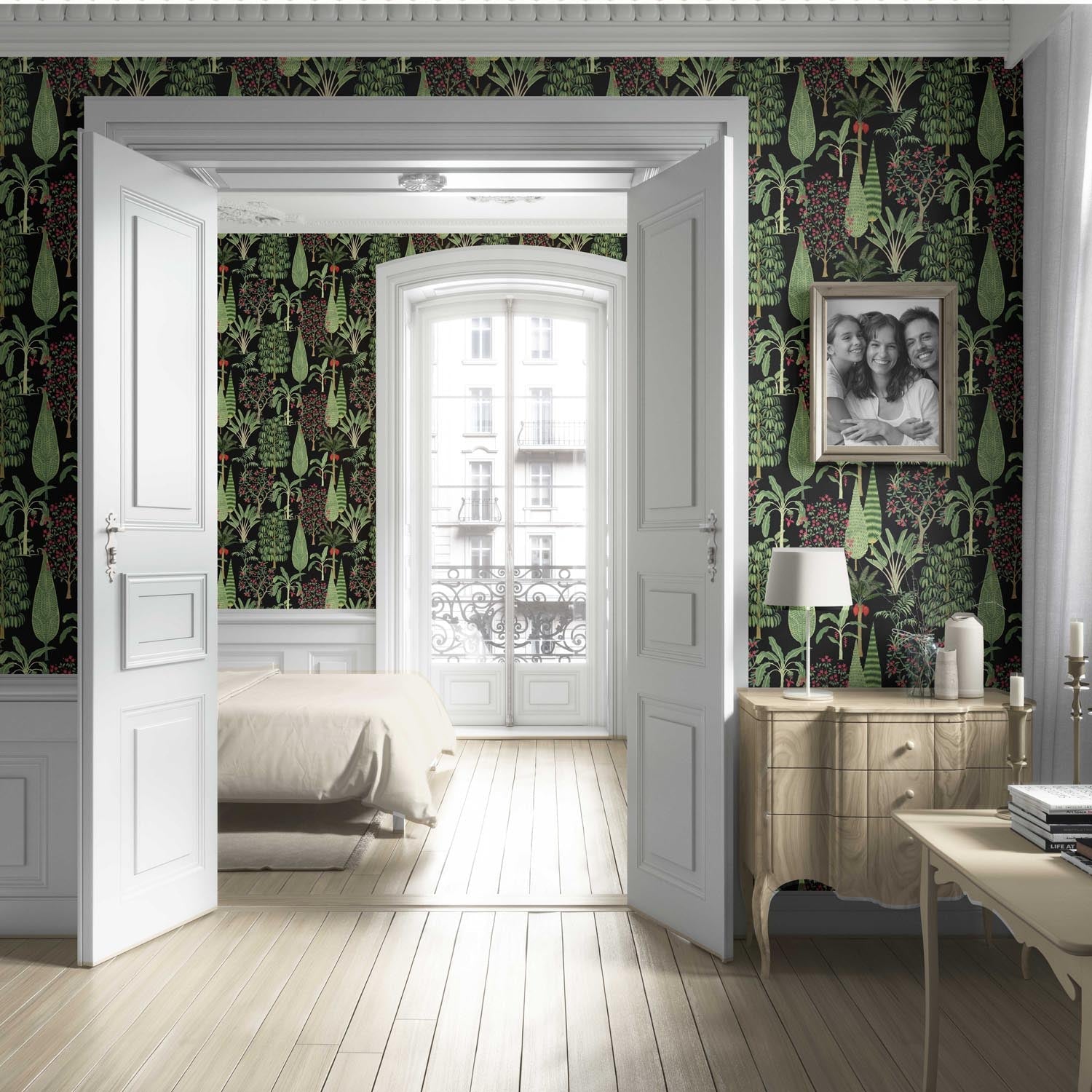 Tropical Floral/ Botanical Living Room Wallpaper (Black/ Green/ Pink/ Red)