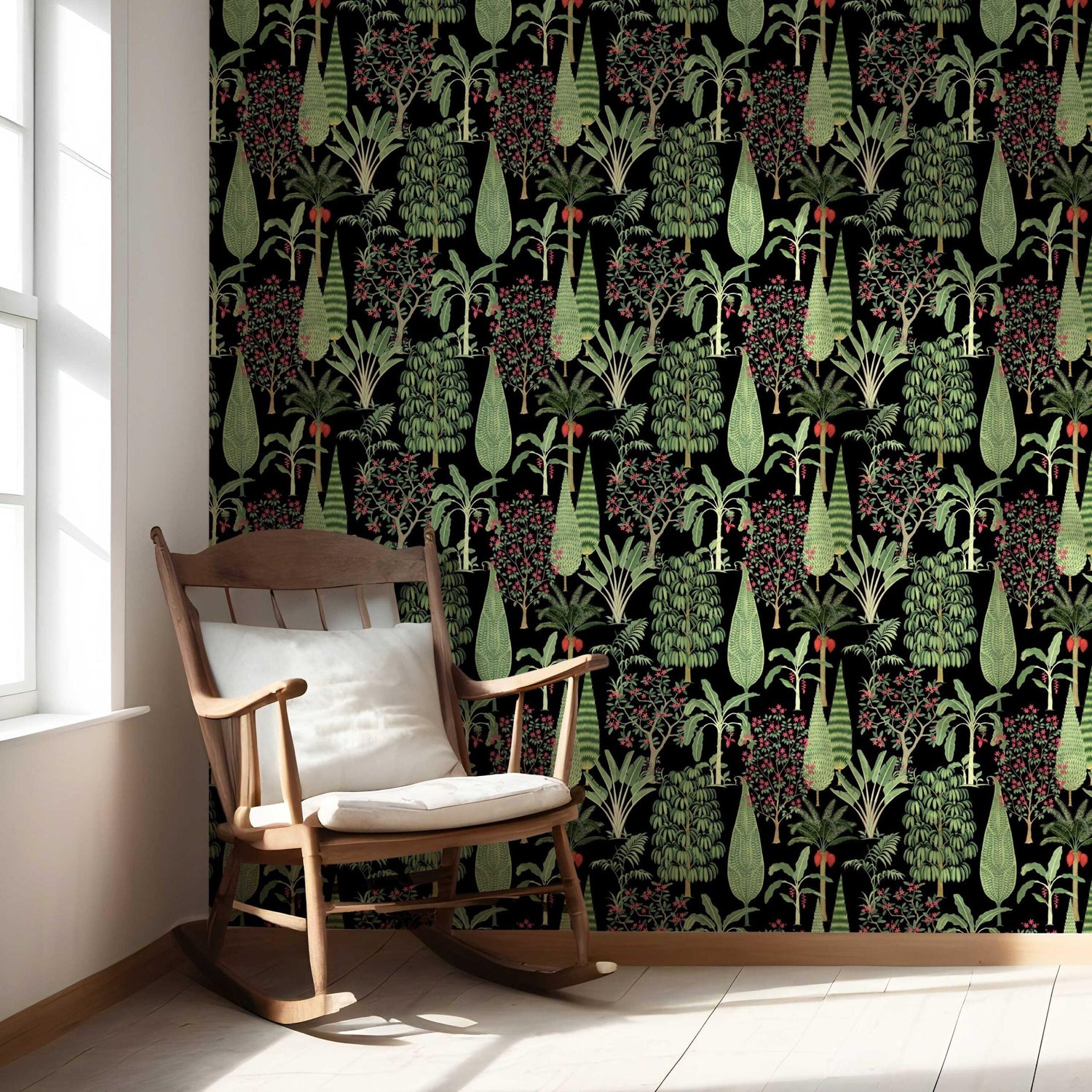 Tropical Floral/ Botanical Nursery Wallpaper (Black/ Green/ Pink/ Red)
