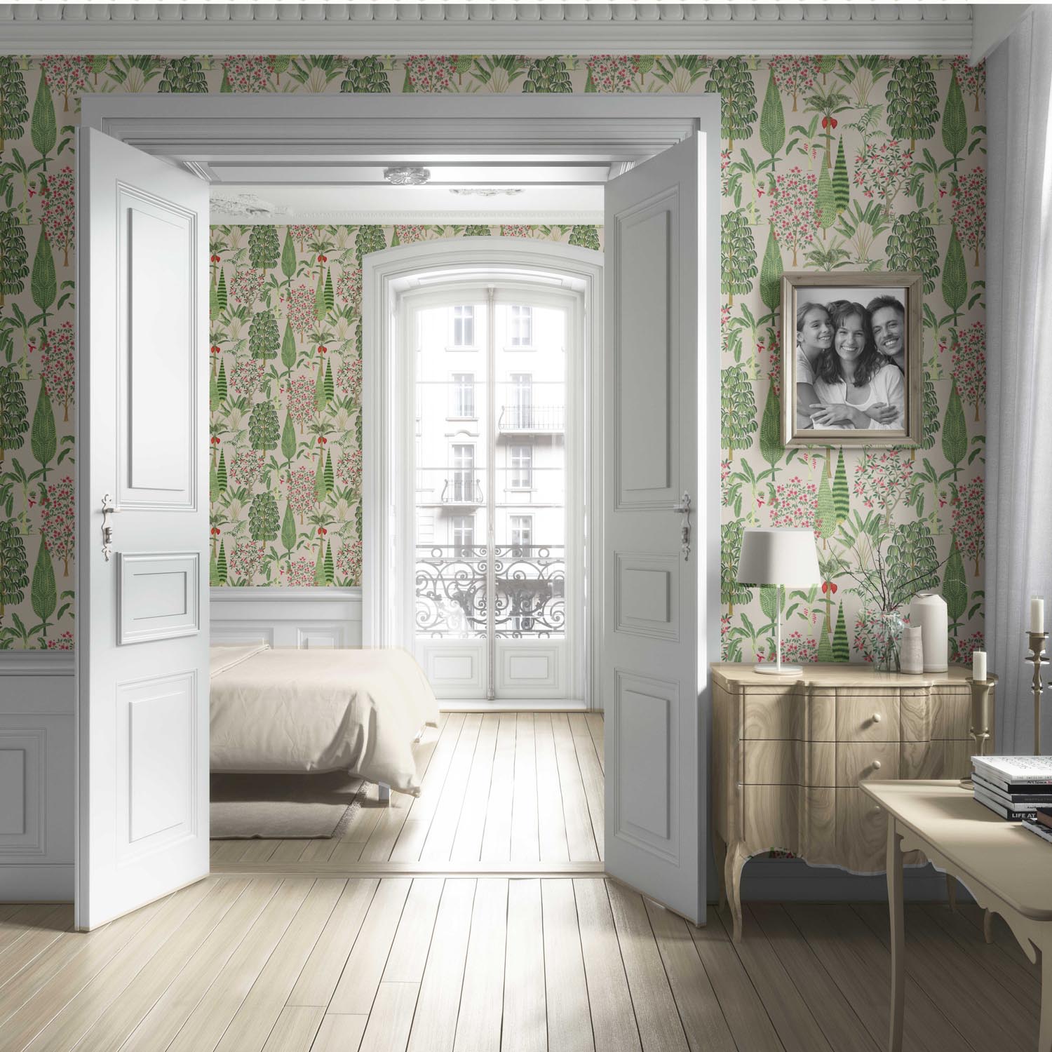 Tropical Floral/ Botanical Living Room Wallpaper (Beige/ Green/ Pink/ Red)